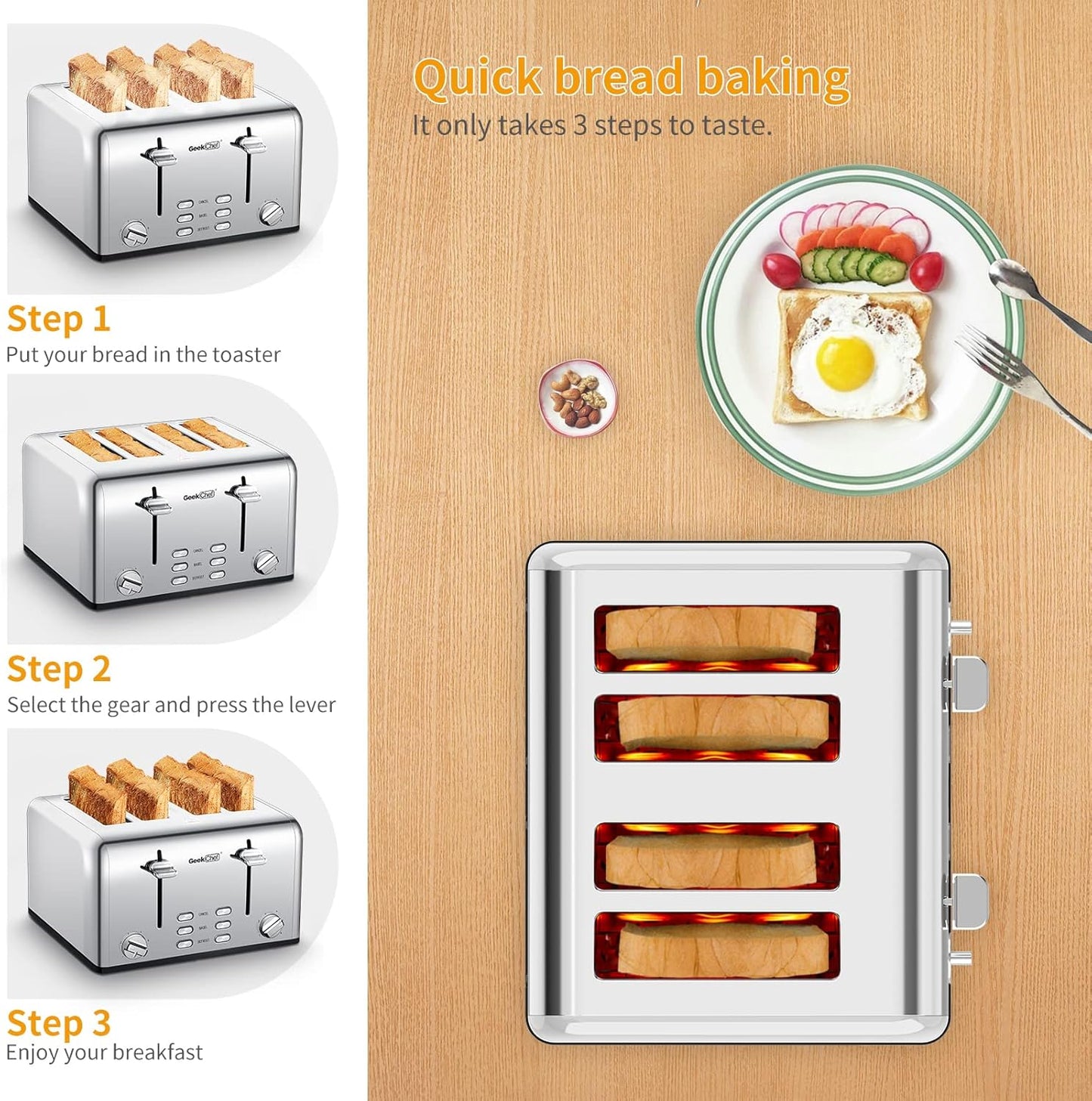 Geek Chef Stainless Steel Toaster 4 Slice, with Extra Wide Slots for Bagels, Removable Tray, Cancel/Defrost/Reheat Functions
