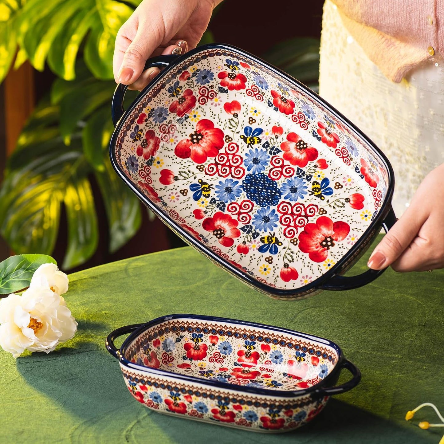 Baking Dish Ceramic Baking Pan Blue Casserole Dish Porcelain rectangular Baking Set 2pcs Bakeware Sets Lasagna Pan Baking Dishes for oven(Honey Flower)