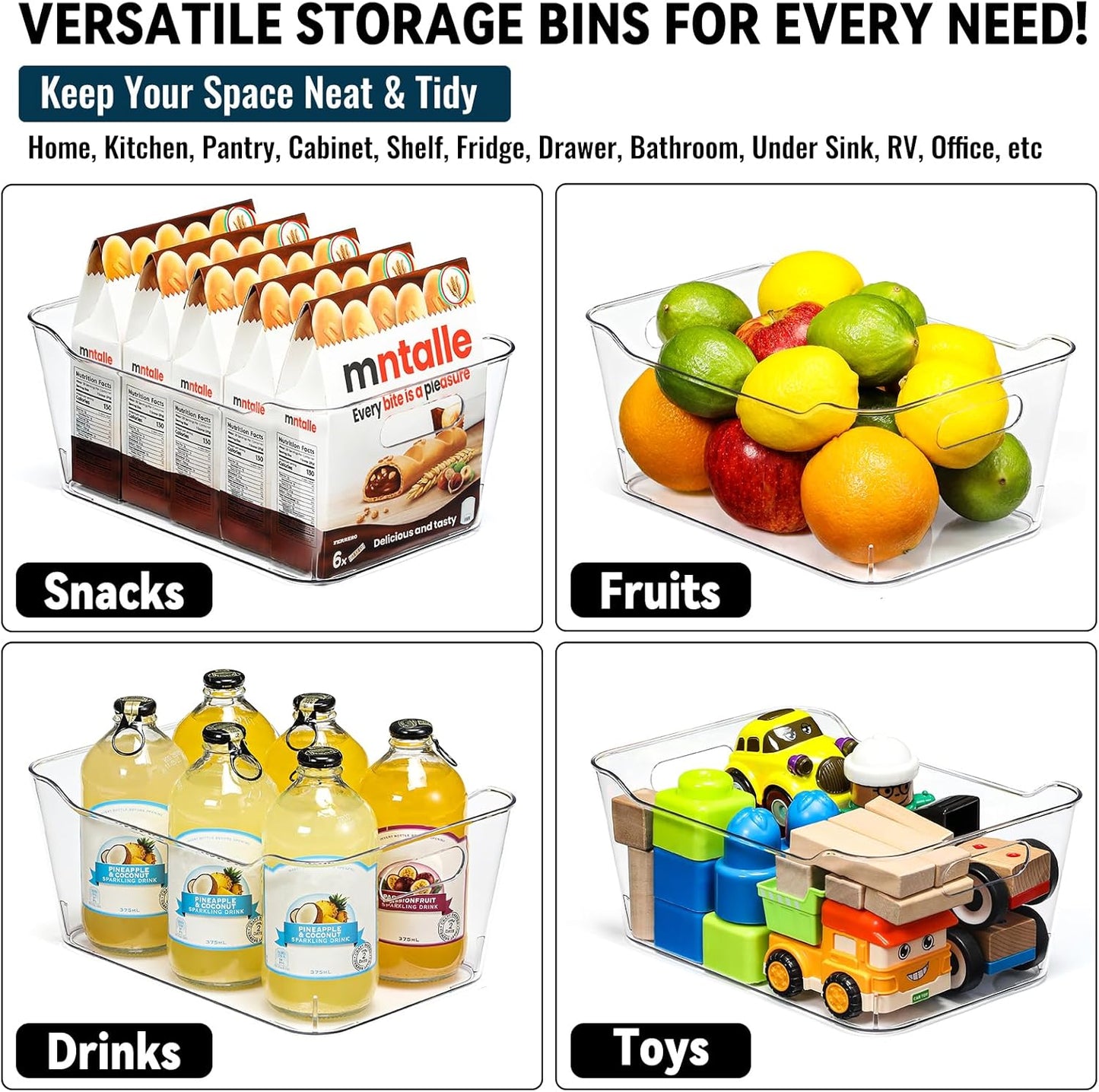 12 PACK Multi-Use Clear Plastic Storage Bins for Organizing w/Labels - Home, Kitchen, Pantry, Bathroom, Office, Cabinet Shelf Organizer Bins - SOHO Collection, RV, Fridge Organization Containers - L