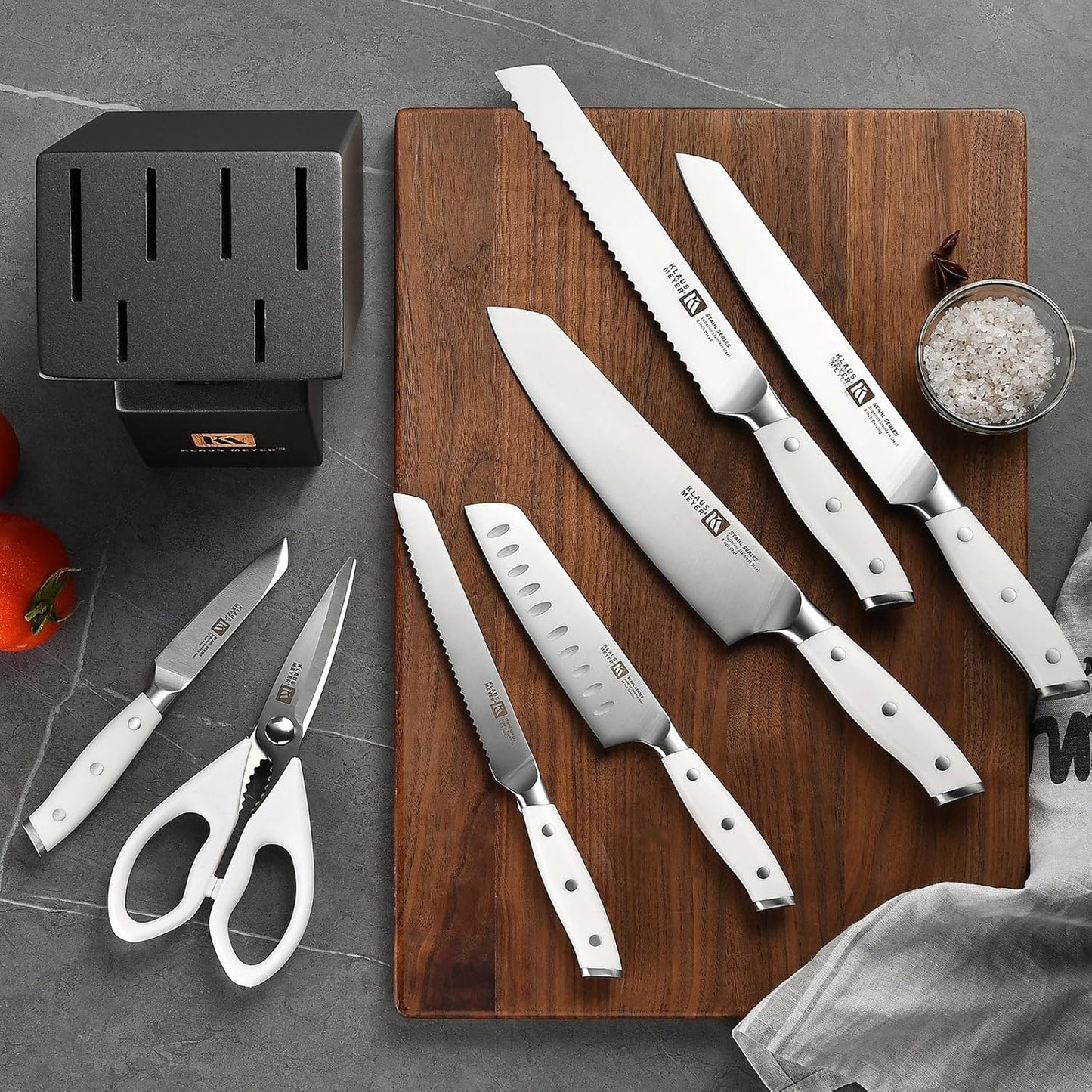 Klaus Meyer Stahl High Carbon Exclusive German Steel 8 Piece Knife Block Set (White)