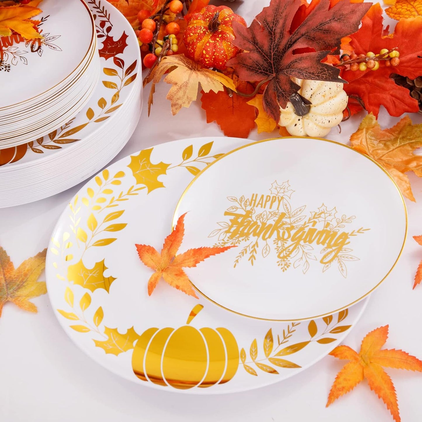 Ciaell 125PCS Thanksgiving Plastic Plate - White and Gold Plastic Plate & Gold Disposed Silverware include 25 Pumpkin Plates, 25 Fall Plates, 25Knives, 25Forks, 25Spoons for Thanksgiving & Party
