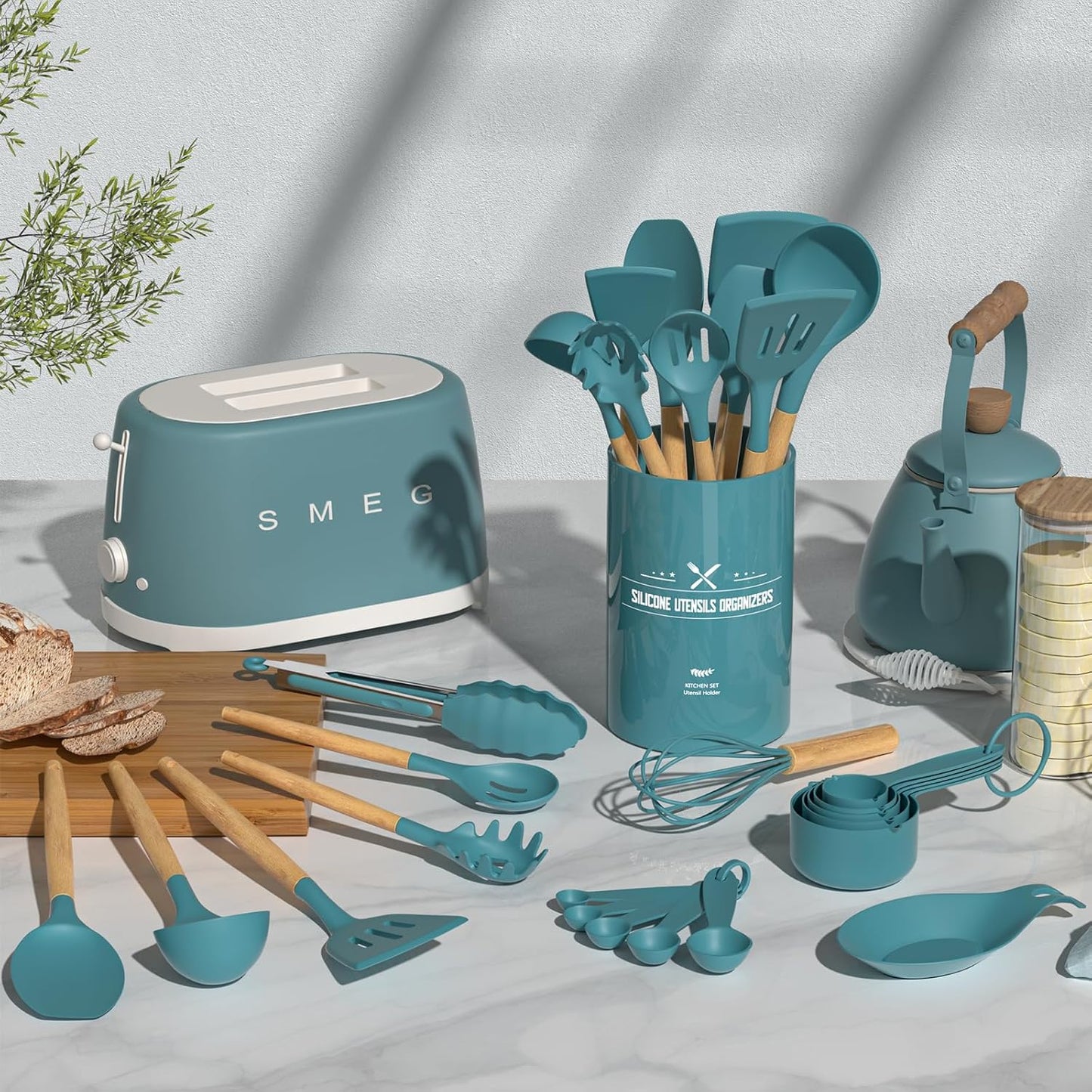 Umite Chef Kitchen Cooking Utensils Set, 33 pcs Non-stick Silicone Utensils Spatula Set with Holder, Silicone Kitchen Gadgets Utensil Set(Dark Blue)