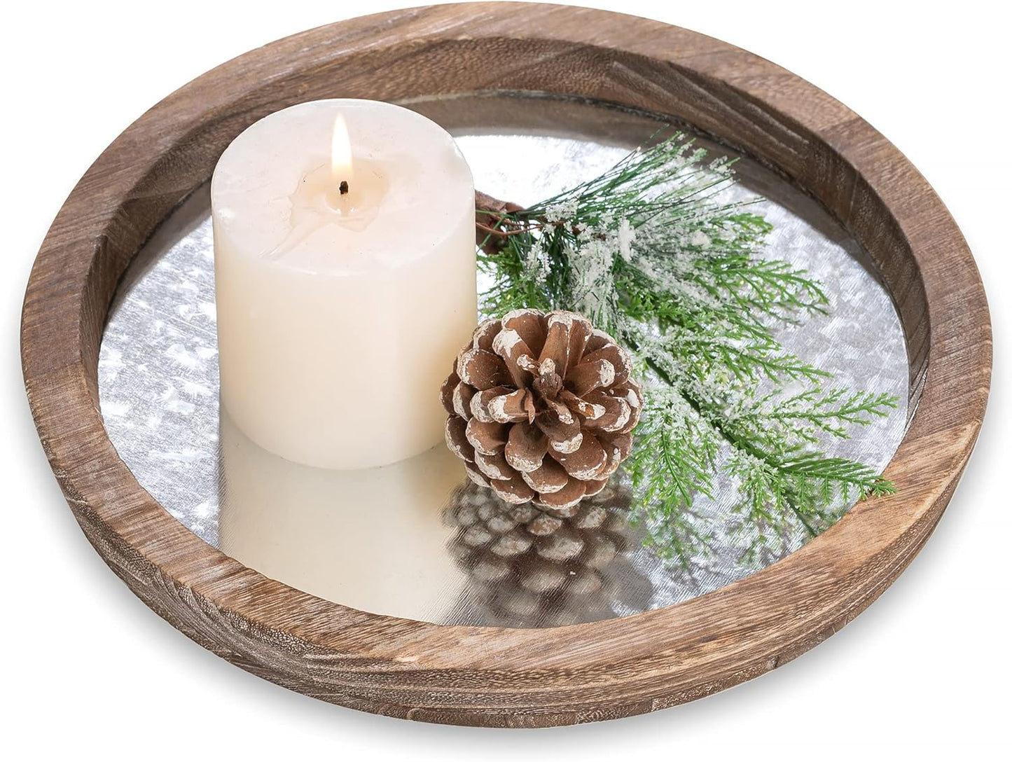 Hanobe Round Wood Decorative Tray: Rustic Wooden Trays for Coffee Table Farmhouse Centerpiece - Vintage Mirror Candle Tray for Home Decor Ottoman Bathroom Kitchen Organizer