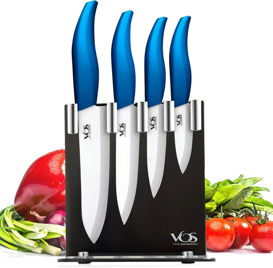Vos Ceramic Knife Set with Block, Ceramic Knives Set For Kitchen, Ultra Sharp Kitchen Knife Set with Covers, 3" 4" 5" 6" Chef Knife, Utility, Paring & Versatile, Lightweight, Dishwasher safe (Blue)