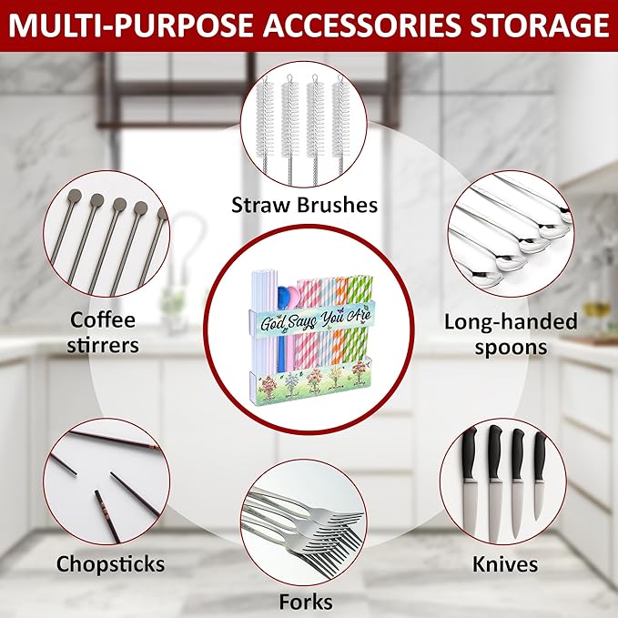 Acrylic Straw Holder for Cabinet Door or Countertop - Clear Organizer & Dispenser with Stickers for Reusable Tumbler Straws, Space-Saving Kitchen Accessories Container, Cupboard Storage