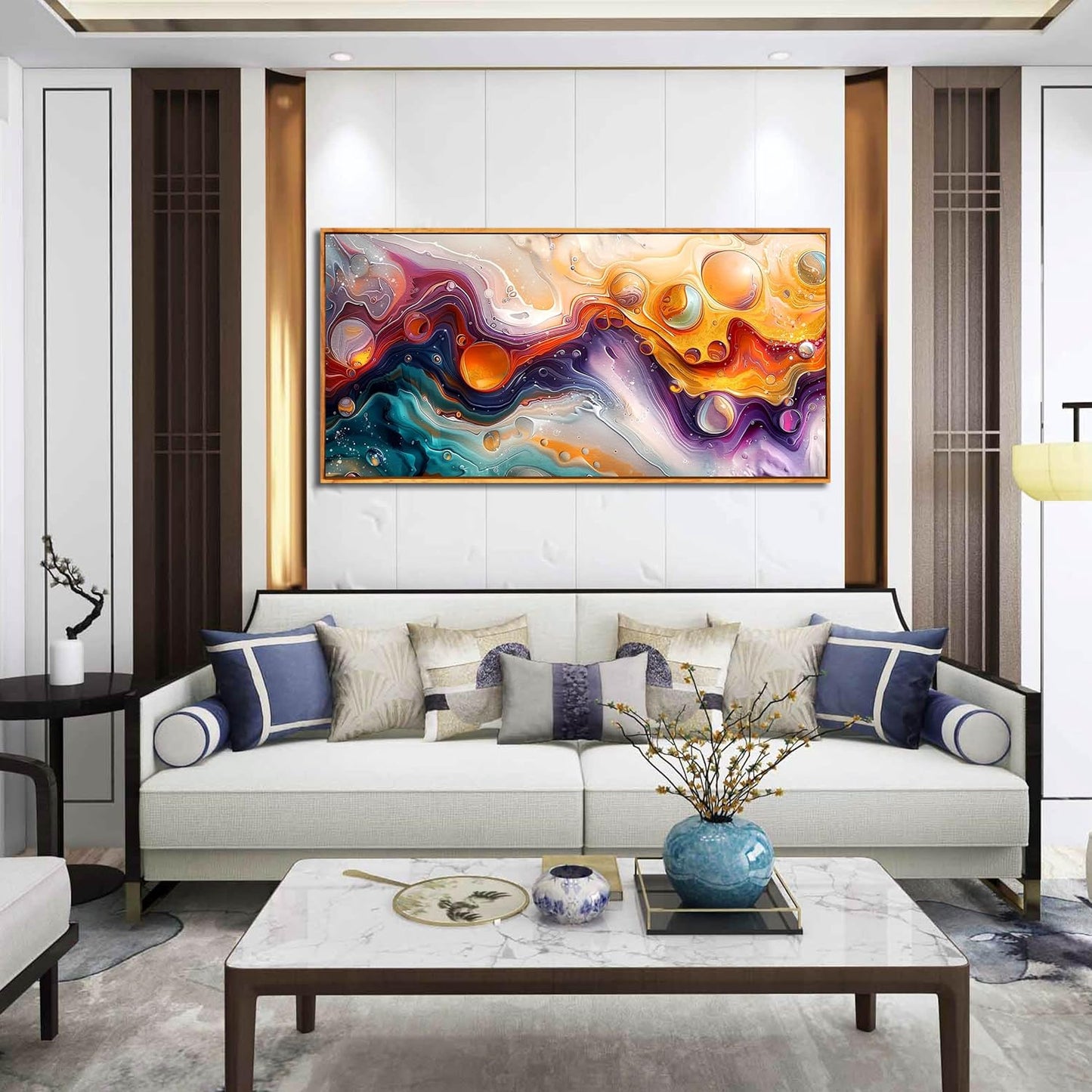 ZHAOSHOP Abstract Living Room Pictures Wall Decor - Modern Colorful Wall Art for Bedroom - Wooden Framed Wall Art for Office Size 24"x 48"