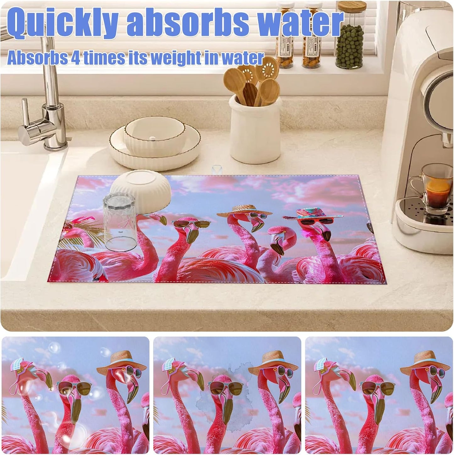 Spring Summer Flamingo Dish Drying Mat for Kitchen Counter Drying Pad Absorbent Reversible Dish Drainer Rack Mats Draining Pad 18"x24"Inch