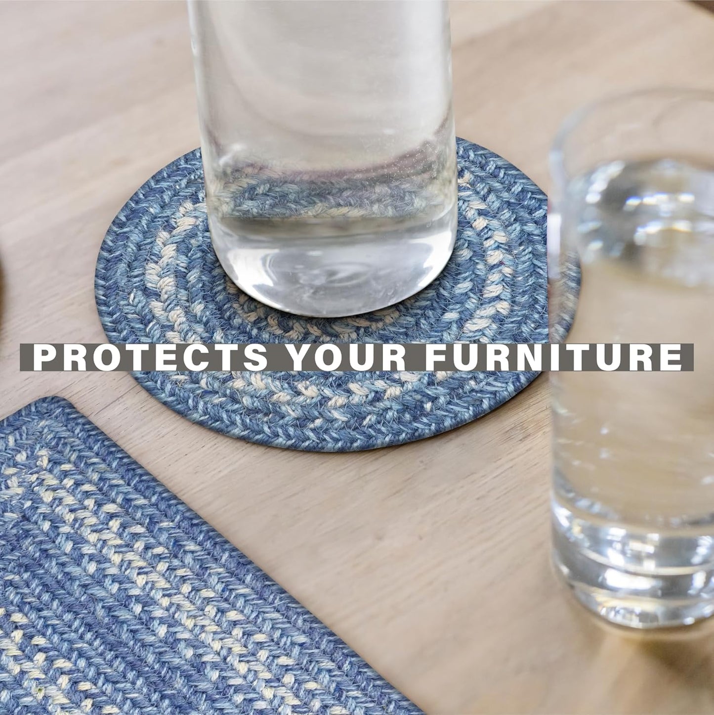 Denim Jute Braided Kitchen Trivets for Hot Dishes, Country Coastal Decor, Set of 6, Blue 8" Round Heat Resistant Mats - Rich Colors, Easy to Clean, Durable and Protects Furniture