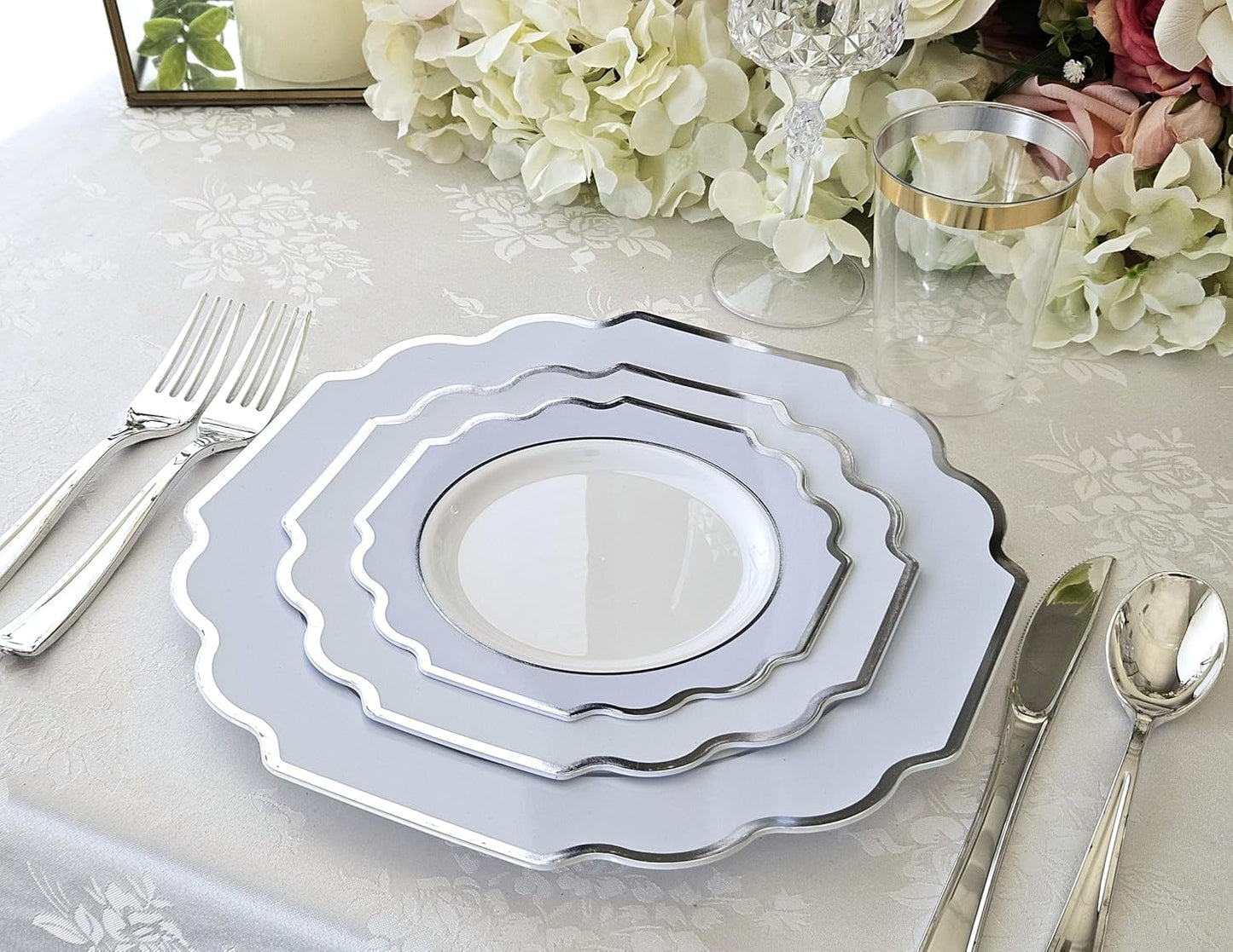 " OCCASIONS " 120 Plates Pack,(60 Guests) Heavyweight Premium Wedding Party Disposable Plastic Plates Set -60 x 10.5'' Dinner + 60 x 8'' Salad/Dessert (Imperial in White/Blue & Silver)