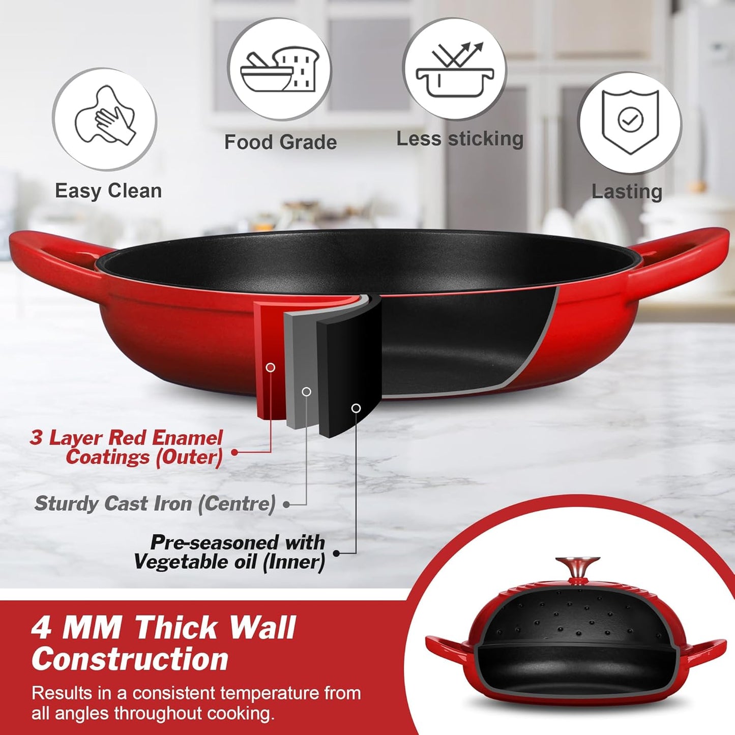 P&P CHEF Bread Dutch Oven for Sourdough, 5.5 Quart Enameled Cast Iron Dutch Oven Pot with Lid for Homemade Bread Baking, Easy to Clean & Even Heat, Red