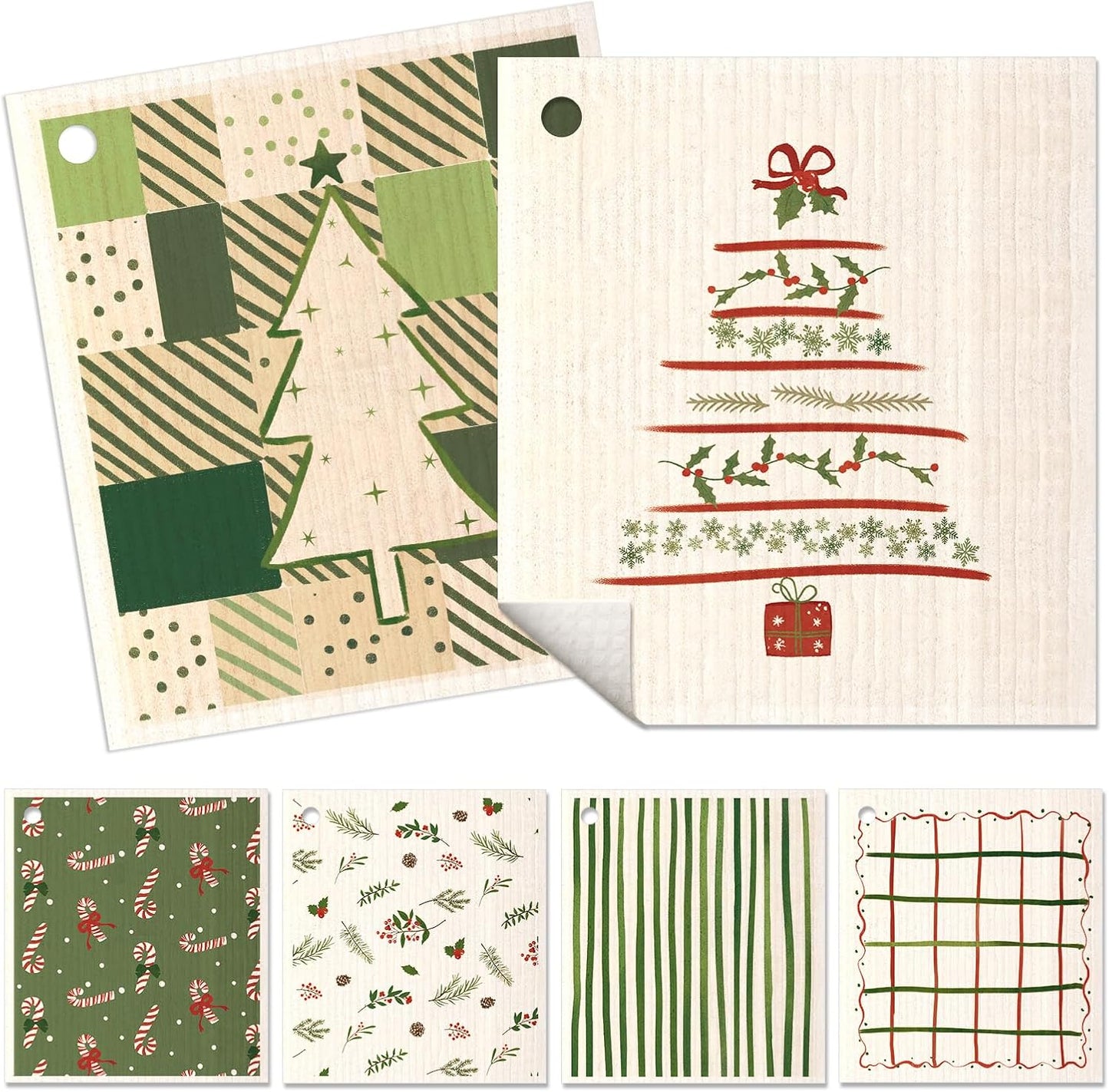6 Pack Christmas Swedish Dishcloths for Kitchen - Reusable Dish Cloths for Washing Dishes Absorbent Cute Holiday Kitchen Towels Cleaning Sponge, Green Xmas Theme