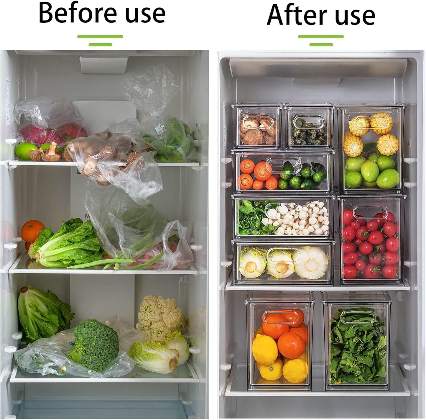 MANO Fridge Drawer Pull Out Stackable Bins with Handle Clear Refrigerator Drawers Organizer Food Storage Container Box with Dividers Plastic Produce Saver for Pantry, Cabinet, Kitchen, Clothes（4Pack）