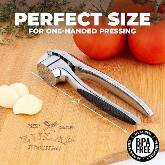 Zulay Kitchen Premium Garlic Press Set – Rust Proof & Dishwasher Safe Garlic Mincer Tool with Silicone Garlic Peeler & Brush, Easy Squeeze & Clean, Ergonomic Soft Grip Handle - Medium – Chrome