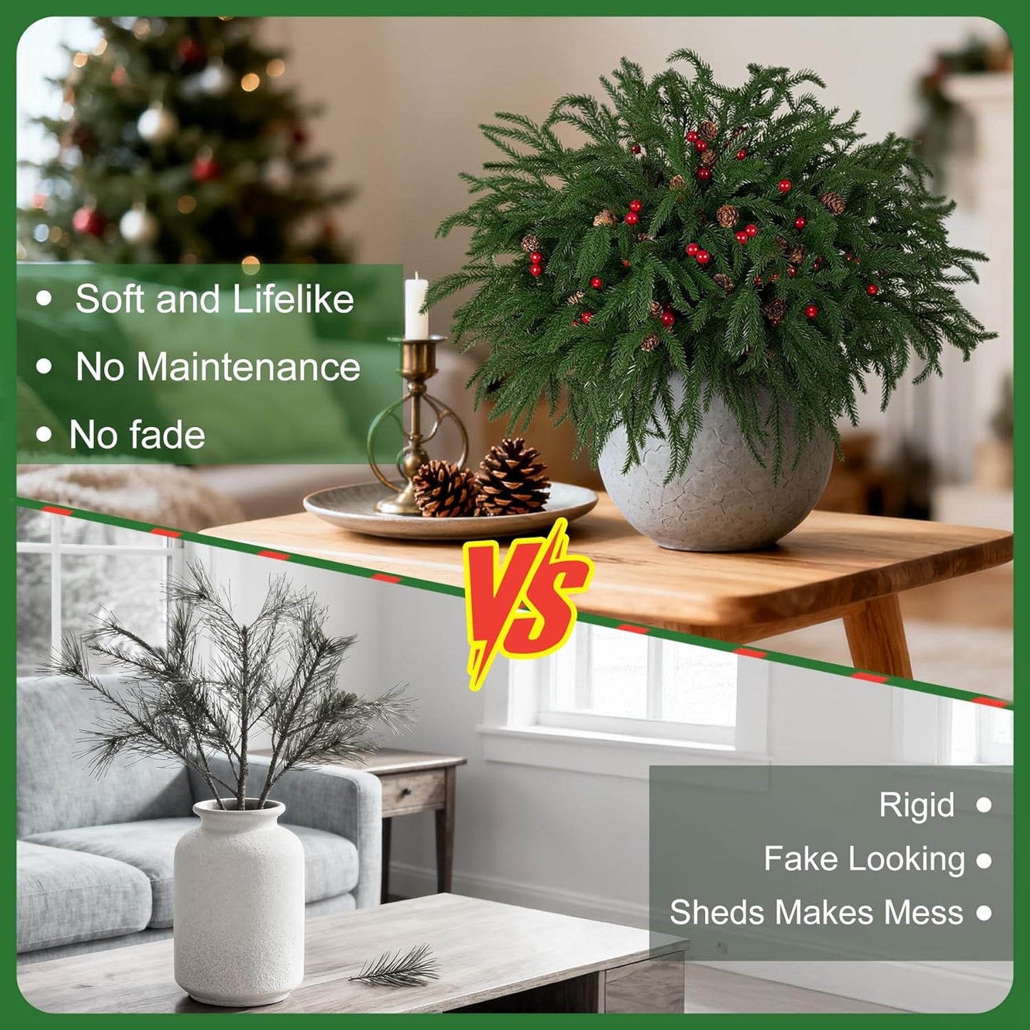 Artificial Norfolk Pine Stems for Christmas Decorations, 10 Pcs 18 inch Fake Pine Cone Branches Red Berry for Vases Garland Real Touch Faux Greenery Evergreen Plants for Xmas Home Decor Indoor