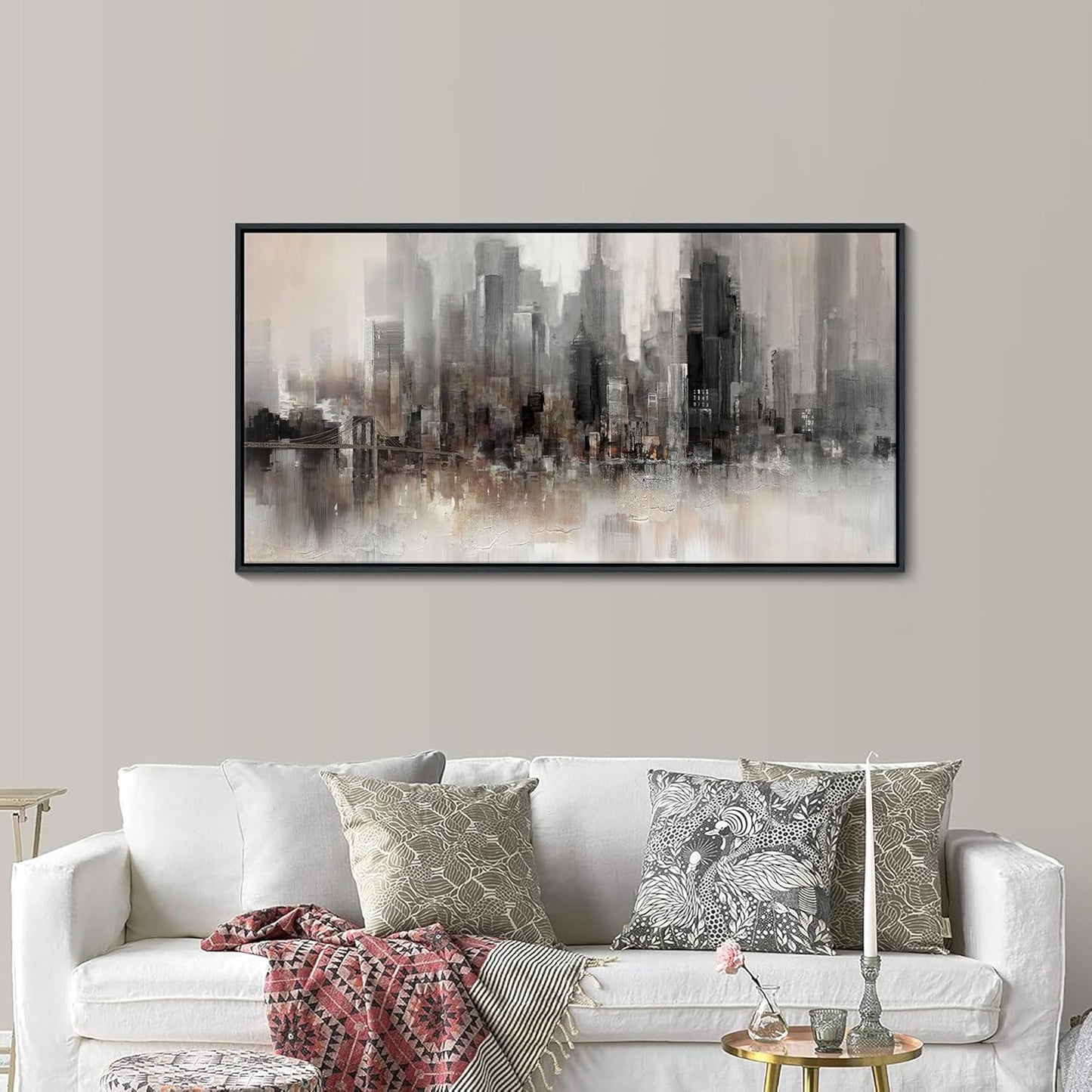 Cityscape Wall Art New York City Skyline Buildings Picture Modern Abstract Grey NYC Skyline Birds Painting Framed Artwork for Bedroom Living Room Bathroom Home Office Decor 20×40IN