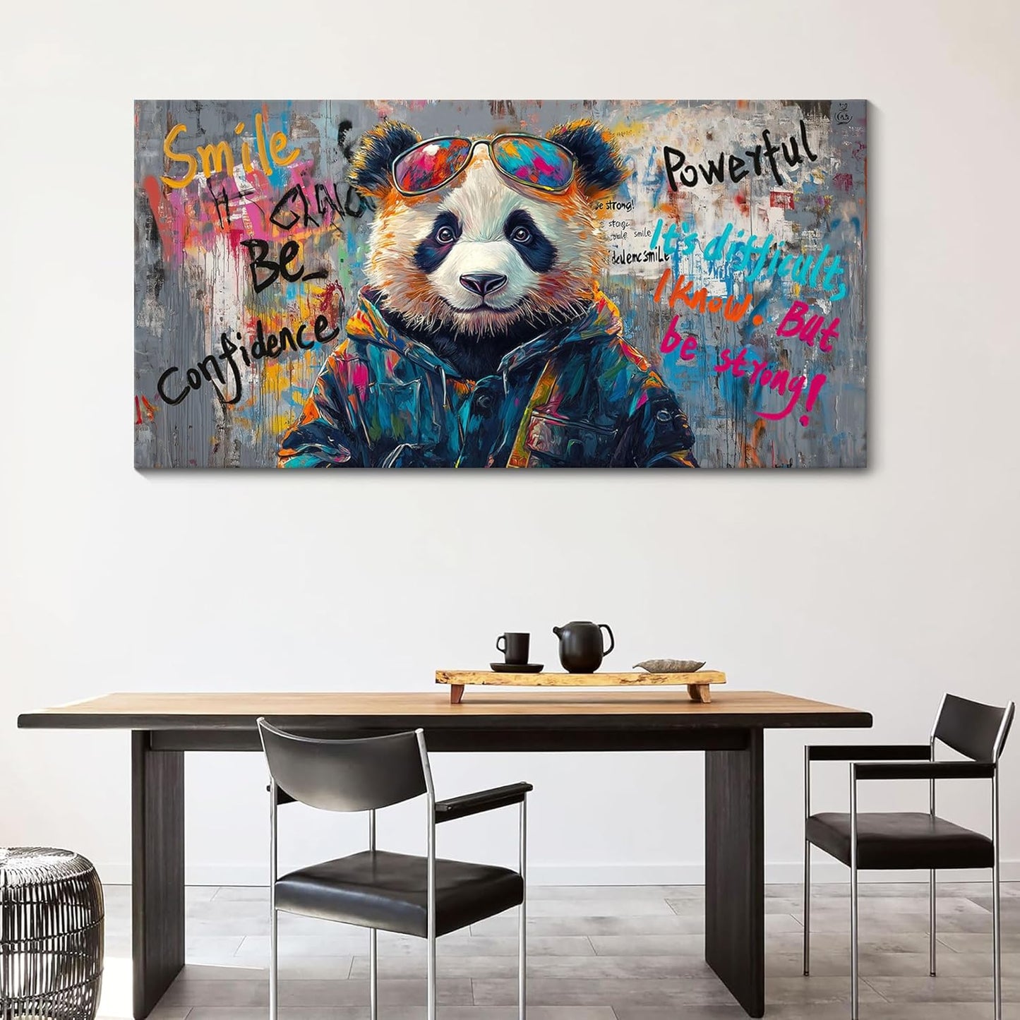 JEAWA Large Canvas Wall Art, Funny Panda Abstract Graffiti Street Art Pop Wall Picture Black and White Paintings Ready to Hang Living Room Bedroom Study Home Office Inspirational Decor 29x58 IN