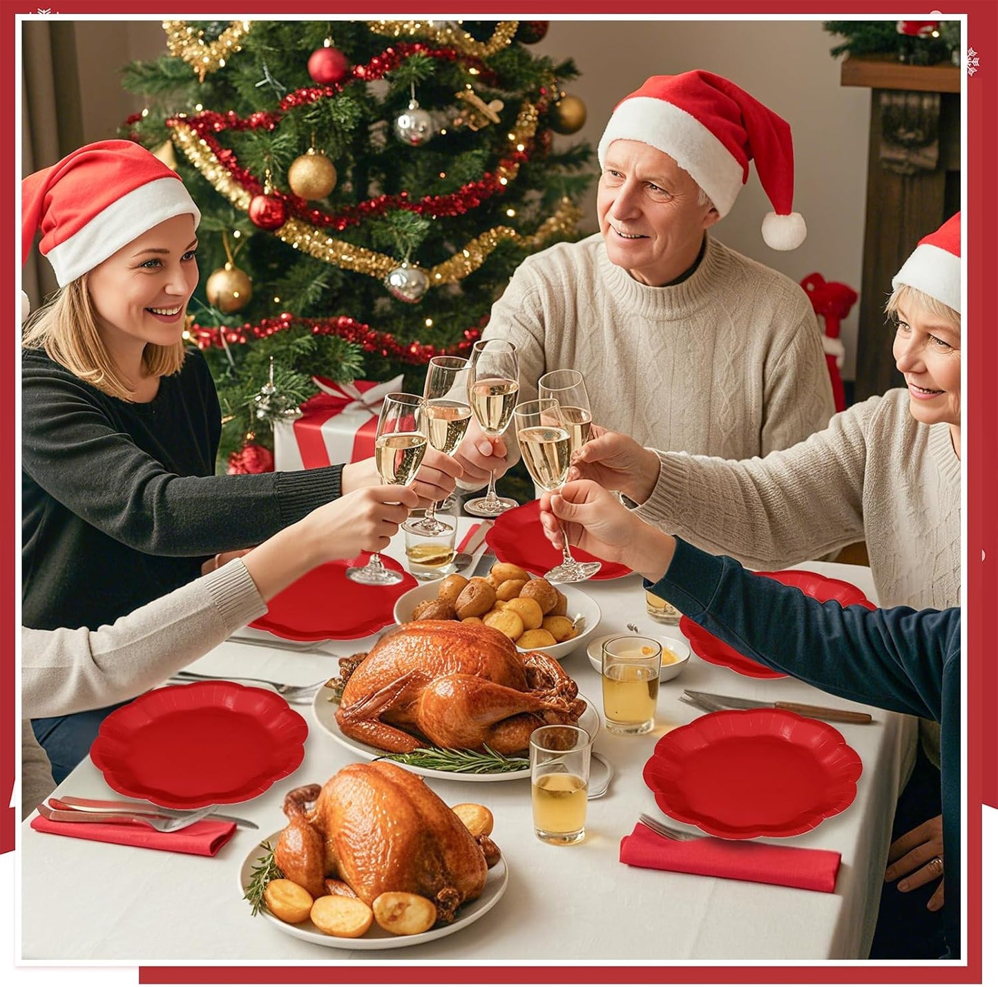 30pcs Christmas Paper Plates 9 Inch Red Scalloped Paper Plates Disposable Xmas Dinner Plate for Christmas,Weeding, Birthday, Baby Shower