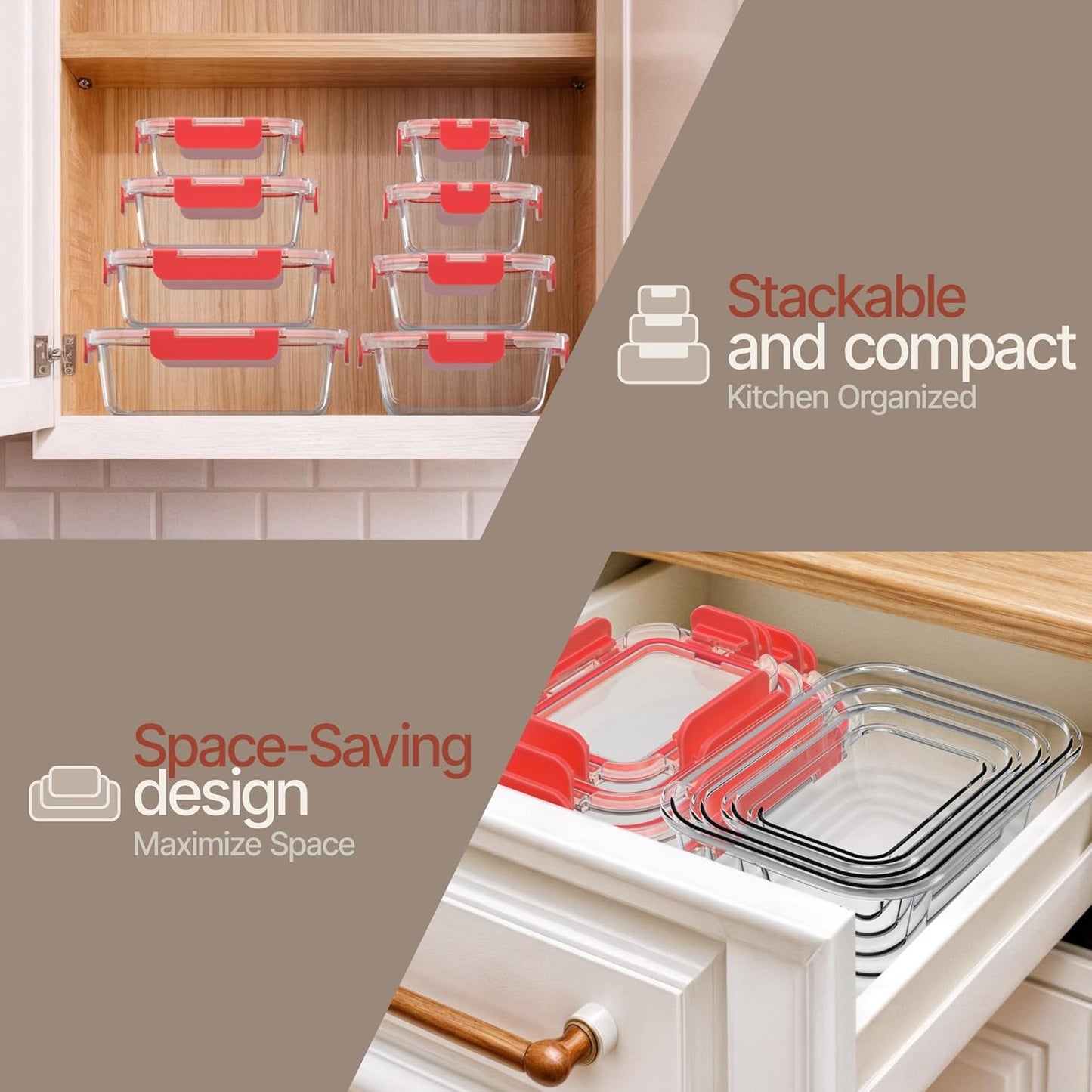 Bakken Borosilicate Glass Food Storage Containers with Lids 24 Pieces, BPA-Free Stackable Lunch & Leftover Containers, Microwave, Freezer & Dishwasher Safe, 100% Airtight Leak-Proof, Red