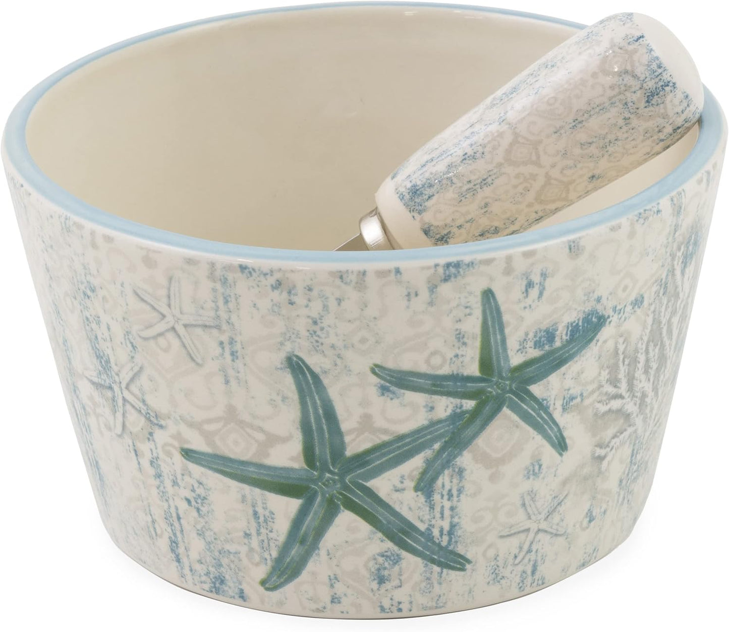 Boston International Ceramic Bowl and Stainless Steel Spreader, 4.75 x 2.75-Inches, Laguna Shells