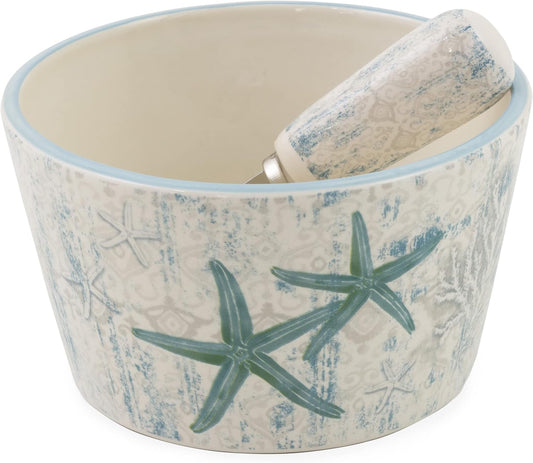 Boston International Ceramic Bowl and Stainless Steel Spreader, 4.75 x 2.75-Inches, Laguna Shells