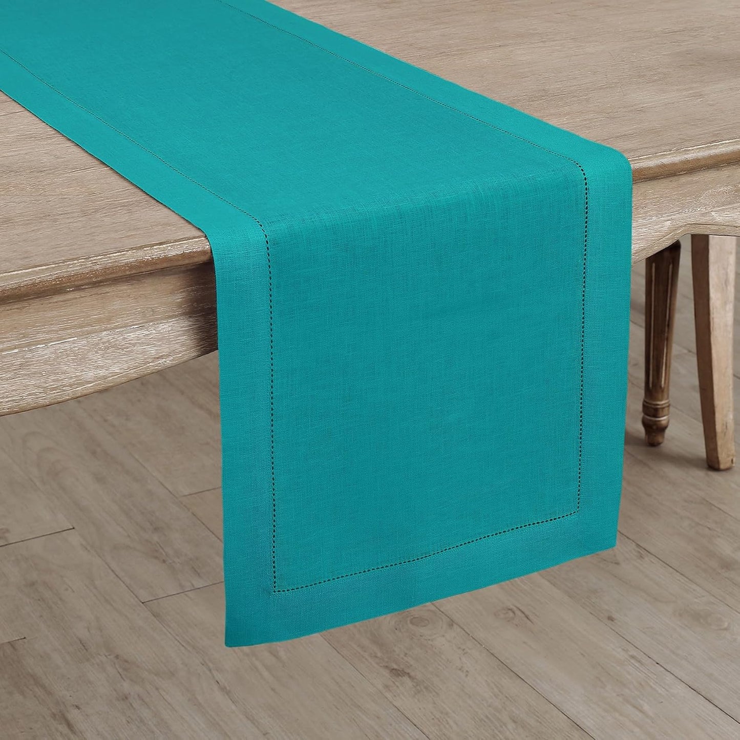 Solino Home Linen Table Runner 120 Inches Long - 100% Pure Linen Teal Table Runner 14 x 120 Inch for Fall, Autumn, Thanksgiving, Christmas - Classic Hemstitch