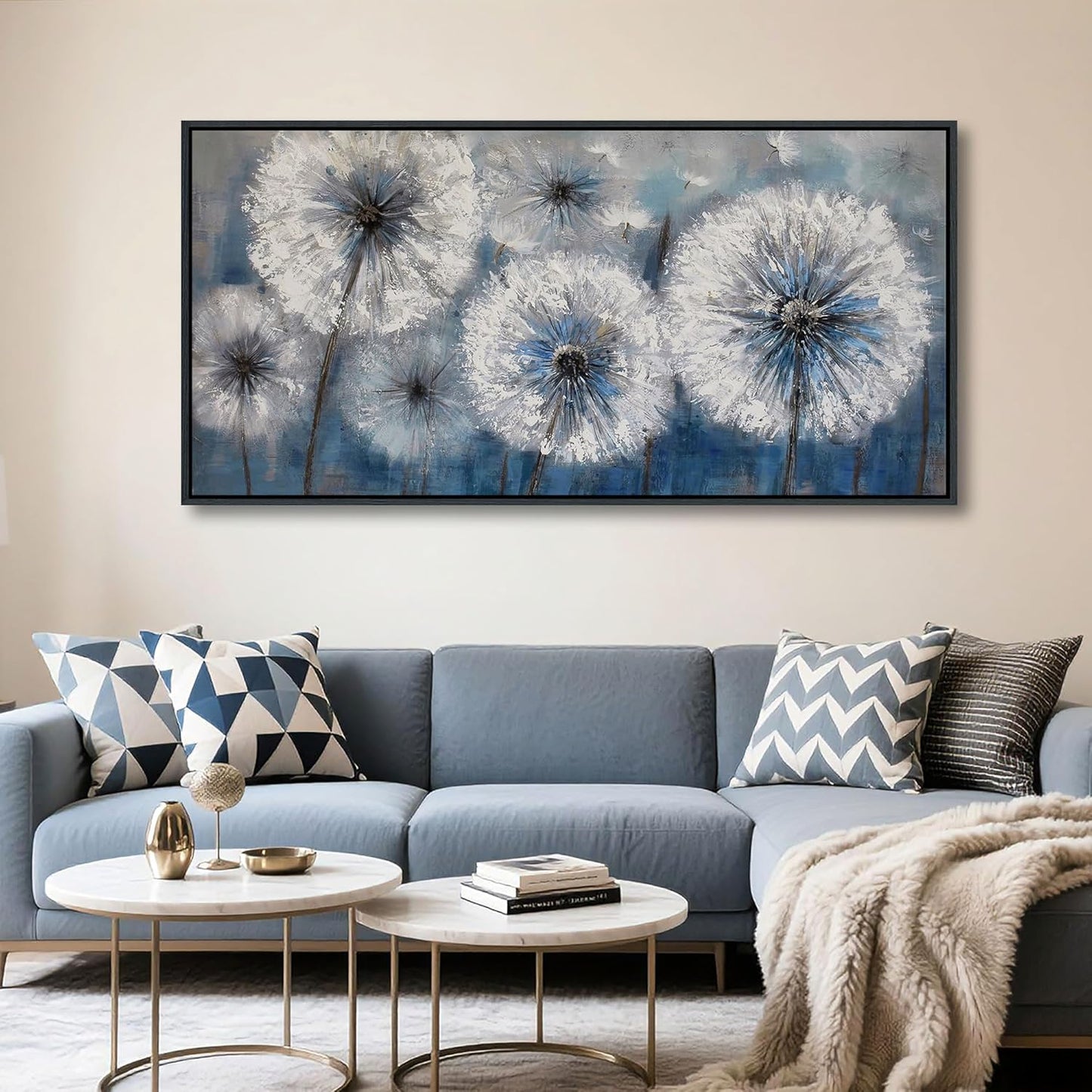Framed Blue Dandelion Wall Art Decor Canvas Print Picture for Living Room White Flower Flora Plant Home Bedroom Painting Decoration Modern Framed Artwork size 24x48