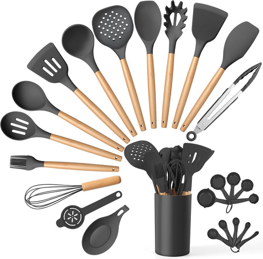 E-far Gray Cooking Utensils Set with Holder, 25-Piece Silicone Kitchen Utensil Set with Wooden Handle for Nonstick Cookware, 446°F Heat Resistant Kitchen Tool Spatula Tongs Whisk, Non-toxic & Healthy