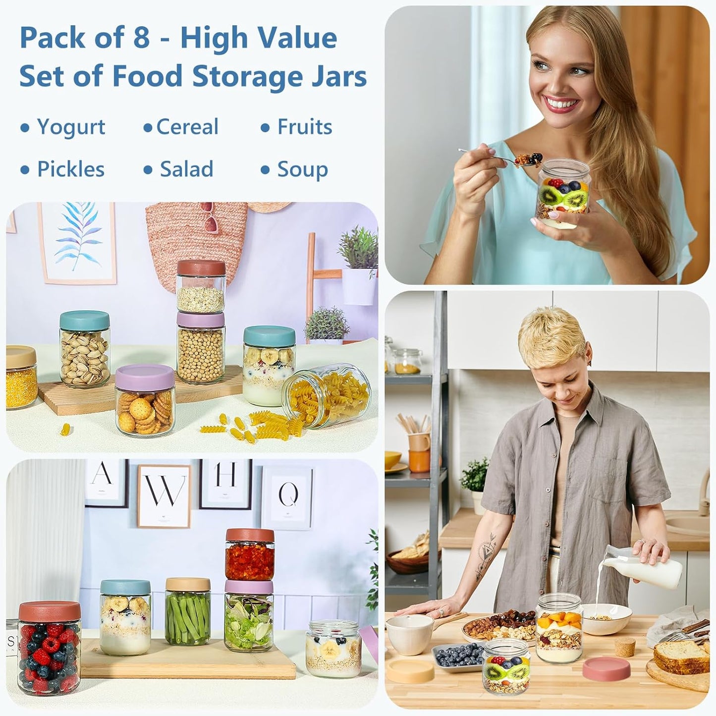 KEYWING 8-Pack 16oz Glass Overnight Oats Containers – Wide Mouth Mason Jars with Airtight Lids, Ideal for Chia Pudding, Oatmeal, Yogurt, Snacks & Meal Prep