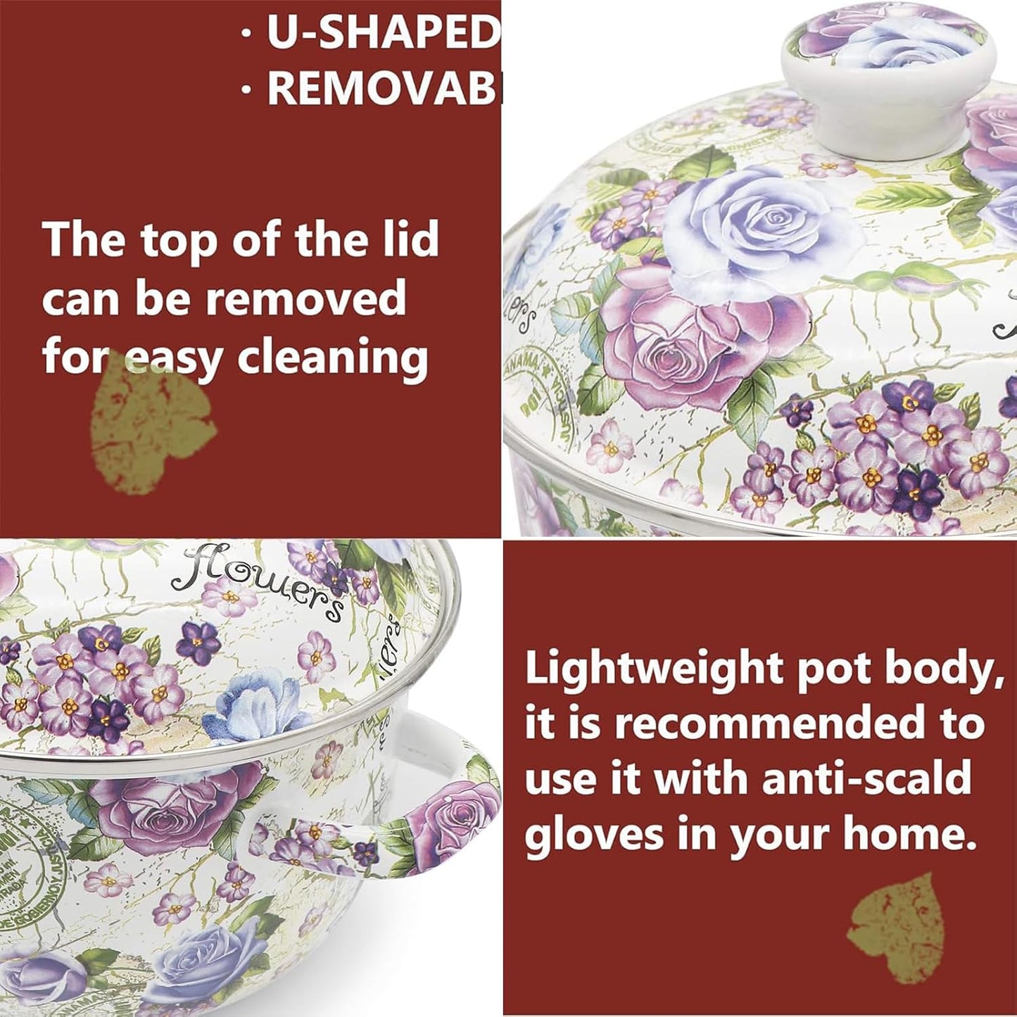 Enamel Stockpot with Lid, 2.5 Quart Retro Cooking Pot, Vintage Floral Stew Bean Simmer Pot with Handle, Kitchen Soup Pot