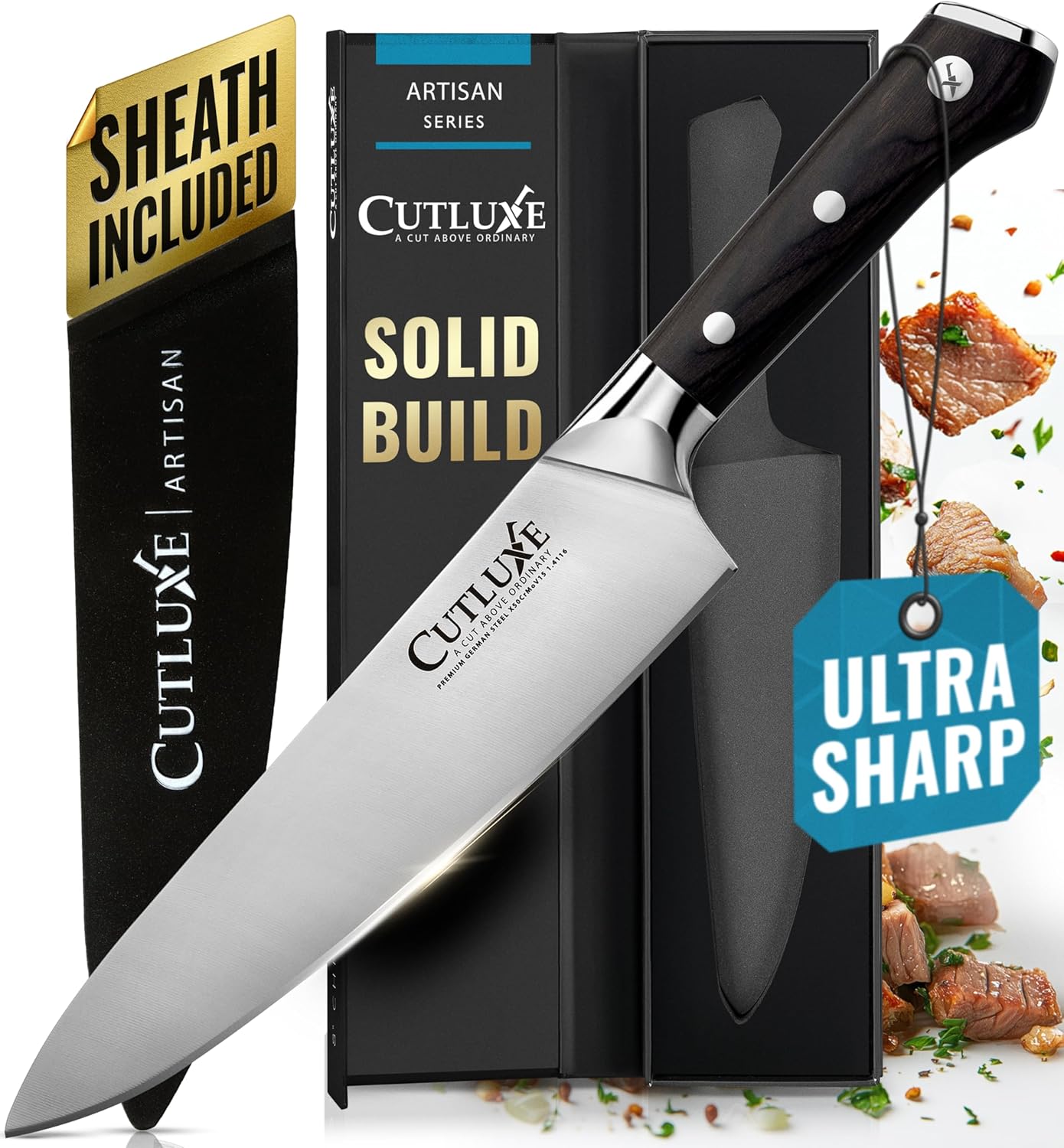 Cutluxe Chef Knife – 8" Kitchen Knife, German High Carbon Steel, Full Tang, Ergonomic Handle Design, Sheath Included – Artisan Series