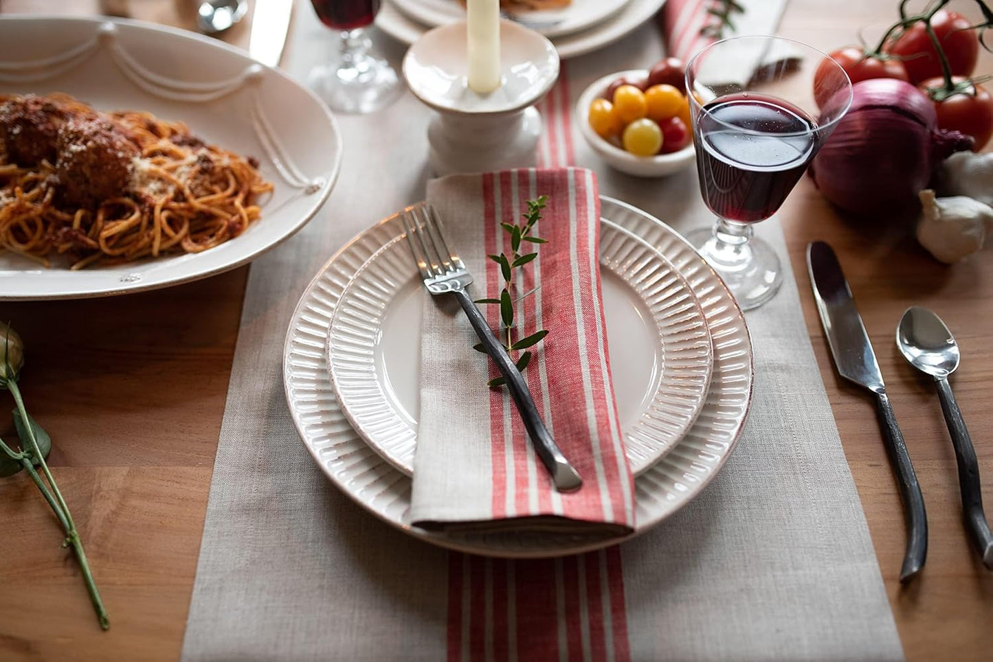 Solino Home Linen Table Runner 108 Inches Long - 100% Pure Linen Red and Natural Farmhouse Table Runner 18 x 108 Inch for Dining, Fall, Autumn, Christmas, Holiday