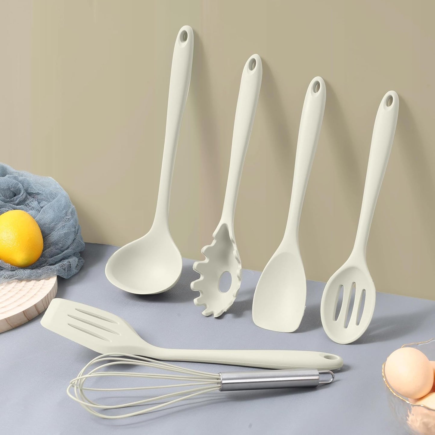 LIANYU 14 Pcs Kitchen Utensils Set with Holder, Silicone Cooking Utensils Spatula Set, Heat Resistant Cookware Tools Includes Spoon Turner Whisk Tong, Dishwasher safe, Cream White