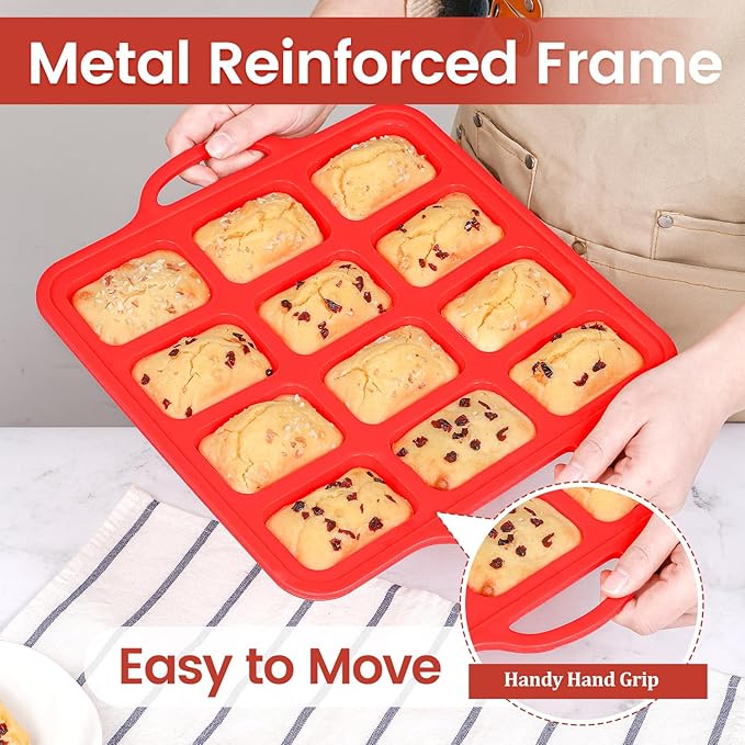 Silicone Mini Loaf pan, 12 Cavities Metal Reinforced Frame Nonstick Food Grade for Baking Mini Bread, Brownie, Cornbread, Cheesecake and Chocolate (1 Pack)
