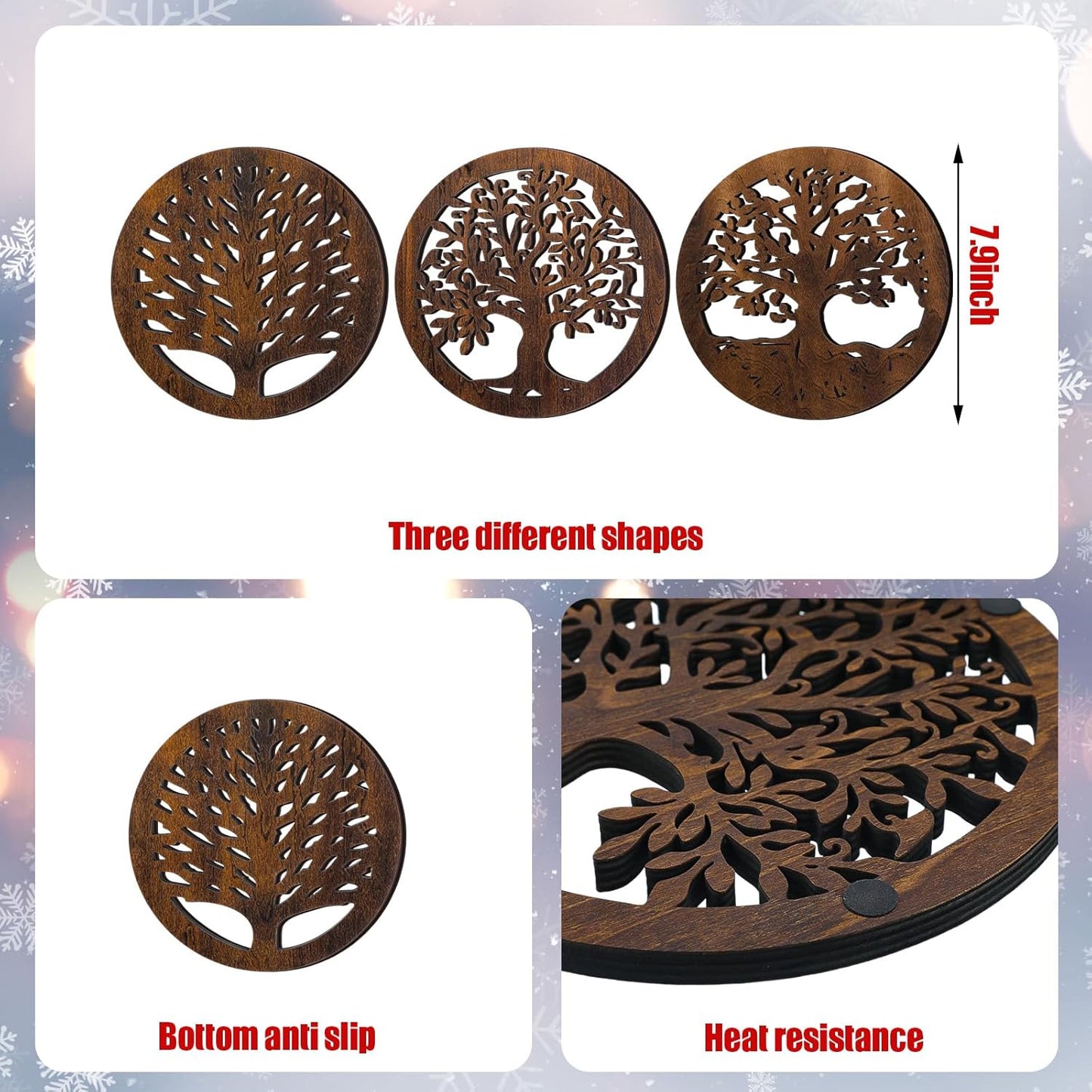 3 Pcs Life Tree Wooden Trivets for Hot Dishes 8 Rustic Round Tree Trivet Set Hot Plate Holders Heat Resistant Polite Trees Coasters for Table Dishes Pots and Pans(Brown)