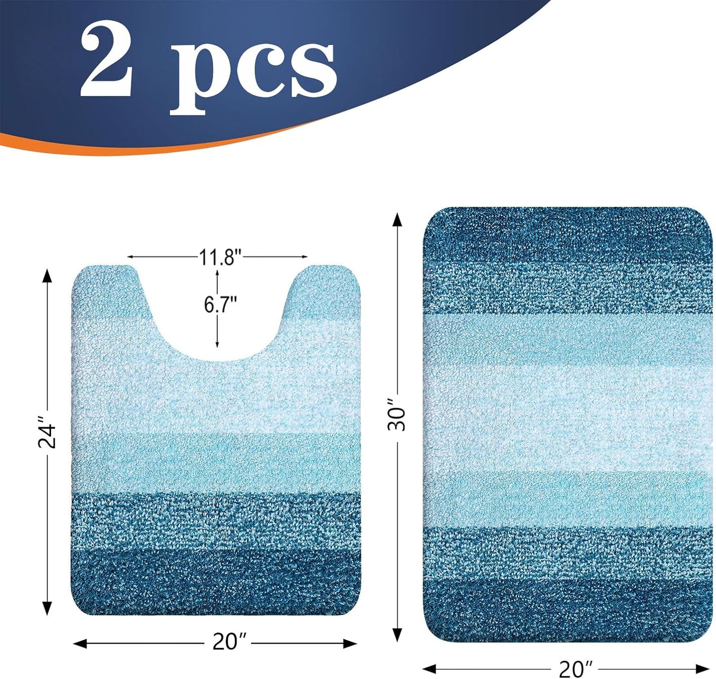 OLANLY Bathroom Rug Set 2 Piece, Soft Absorbent Microfiber Bath Mats and U-Shaped Contour Toilet Rug, Non-Slip, Machine Wash Dry, Plush Shaggy Bath Mats for Bathroom (30"x20"+24"x20", Peacock Blue)