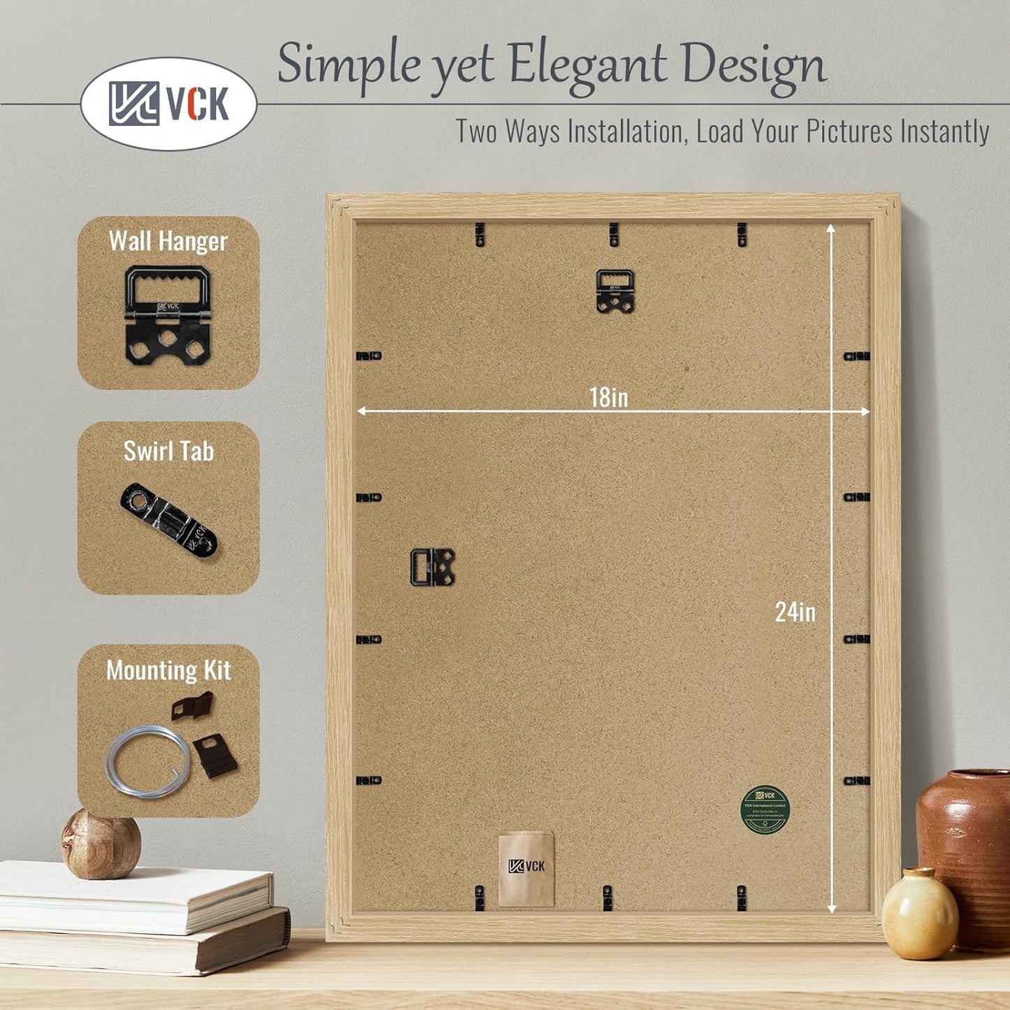 VCK 18x24 Oak Wood Frame for Poster & Picture, Natural Solid Wood Photo Frames 5 Pack, Wall Mounting Hanging