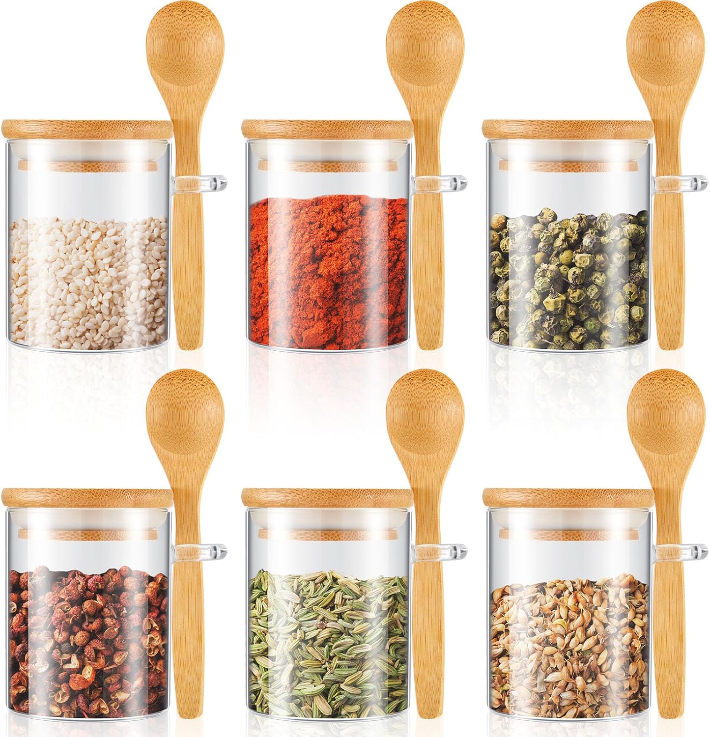 Tessco for you 6 Pack Sugar Jar Glass Container with Spoon Clear Glass Jars with Bamboo Lid and Spoon Scoop for Coffee Beans, Spice, Brown Sugar, Tea, Flour, Nuts, Candy, Salts (6 oz)