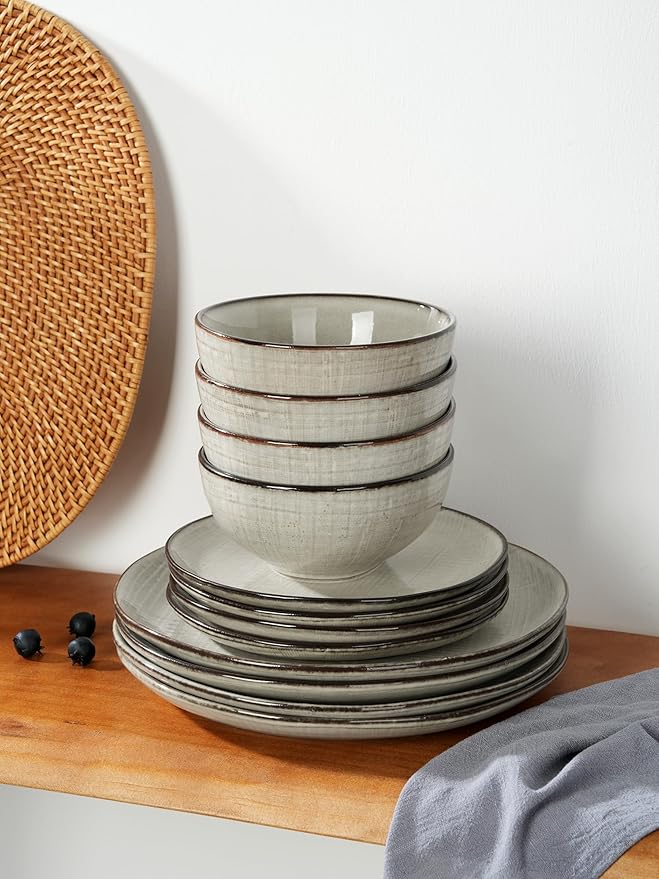 Famiware Moonlight Plates and Bowls Sets, 12 Pieces Stoneware Dinnerware Sets with Linen Finish, Handmade Dishware Set for 4, Microwave and Dishwasher Safe, Chip and Scratch Resistant, Summer Sand