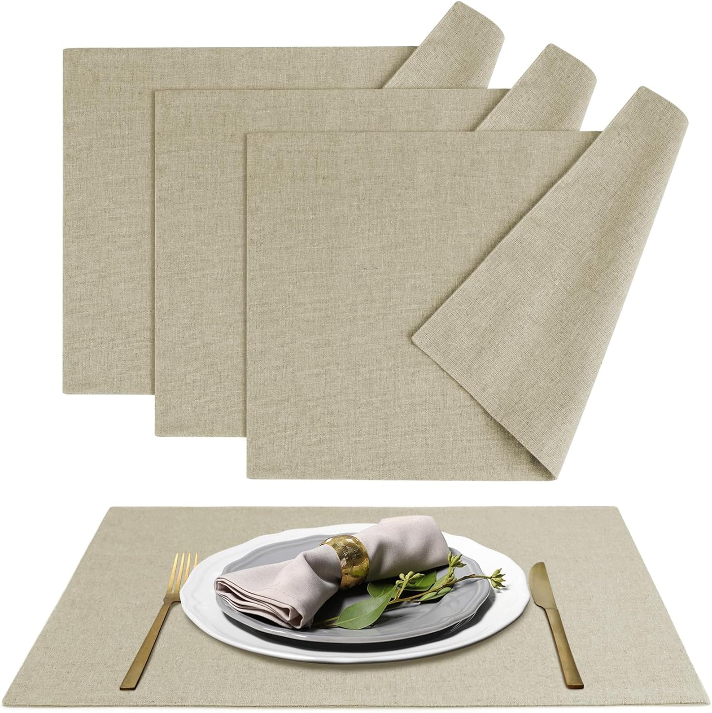 MANSPHIL Table Cloth Placemats Set of 4 Washable Cotton Thick Faux Linen Place Mats Heat Resistant Double Layer Fabric Wrinkle Free Dining Kitchen Table Decor - 13x19 Inch Beige Oeko Tex Placemat
