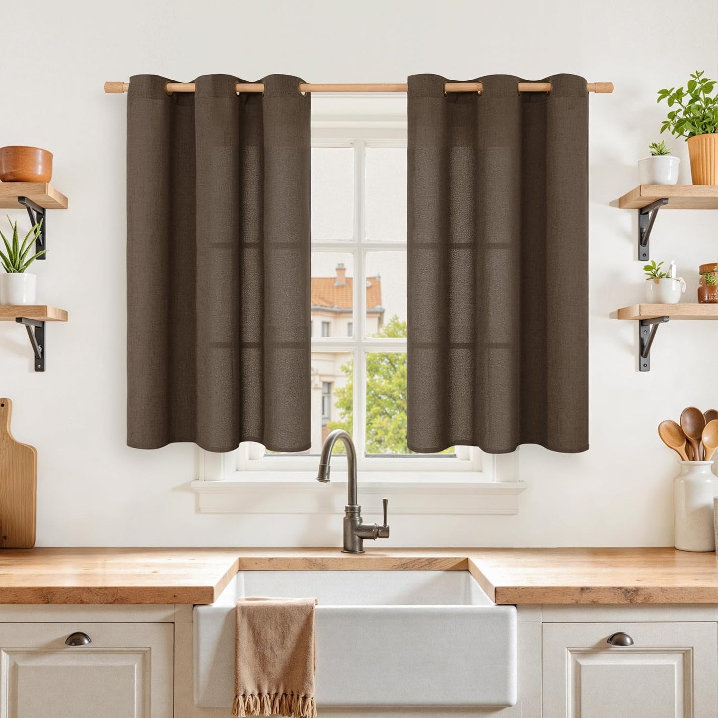 YoungsTex Brown Linen Kitchen Curtains 40 Inch Length with Grommet, Short Drapes Light Filtering Semi Sheer Fall Decor for Cafe Bathroom Window, 42 x 40 Inch, 2 Panels