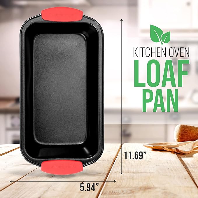 NutriChef Non-Stick Bread Loaf Pan - Premium Carbon Steel Banana Bread Pan w/Silicone Handles - PFOA, PFOS, PTFE-Free Quick-Release Nonstick Coating, Even Heat Distribution - Black, 8-Inch