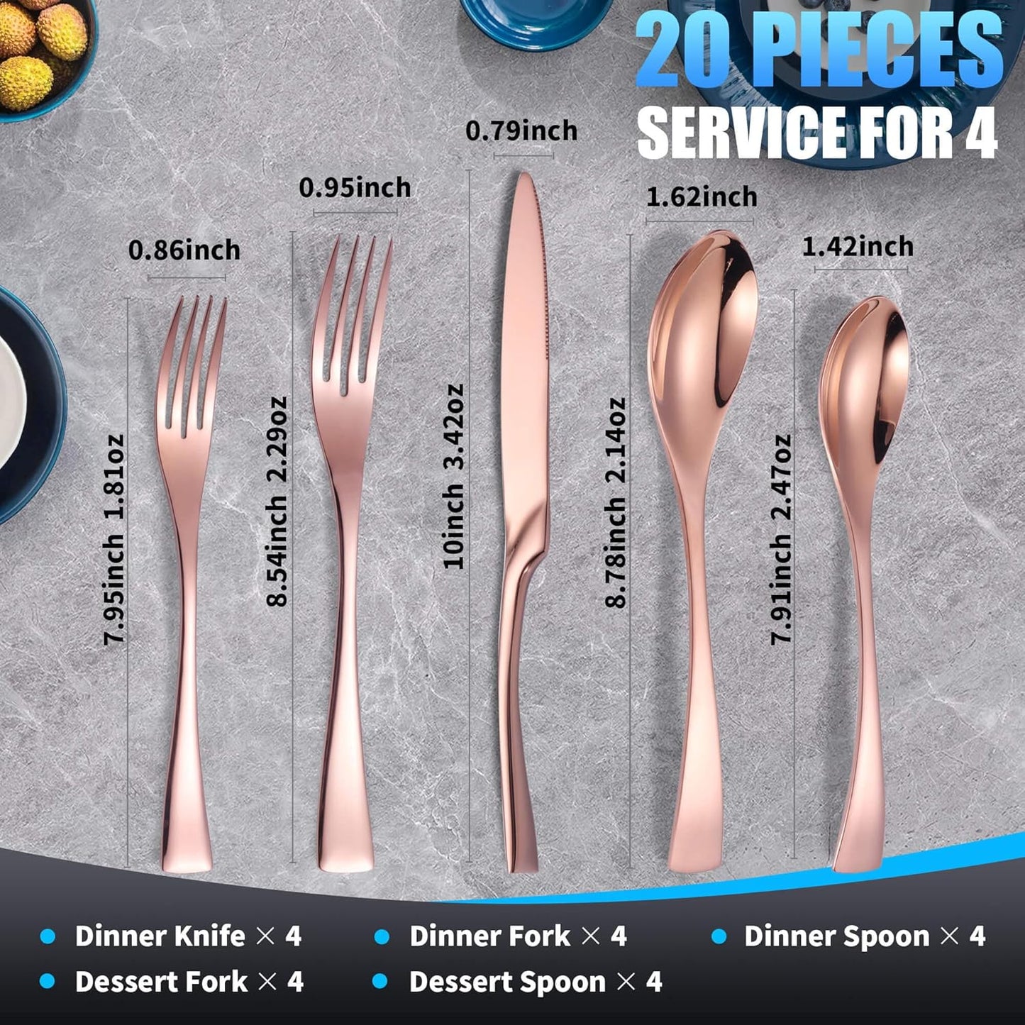 Lemeya 20-Piece Rose Gold Silverware Set for 4,Heavy Duty 18/10 Stainless Steel Cutlery Set with Forged Stand Knife,Modern Flatware Utensils Set,Forks Spoons and Knives Set,Dishwasher Safe