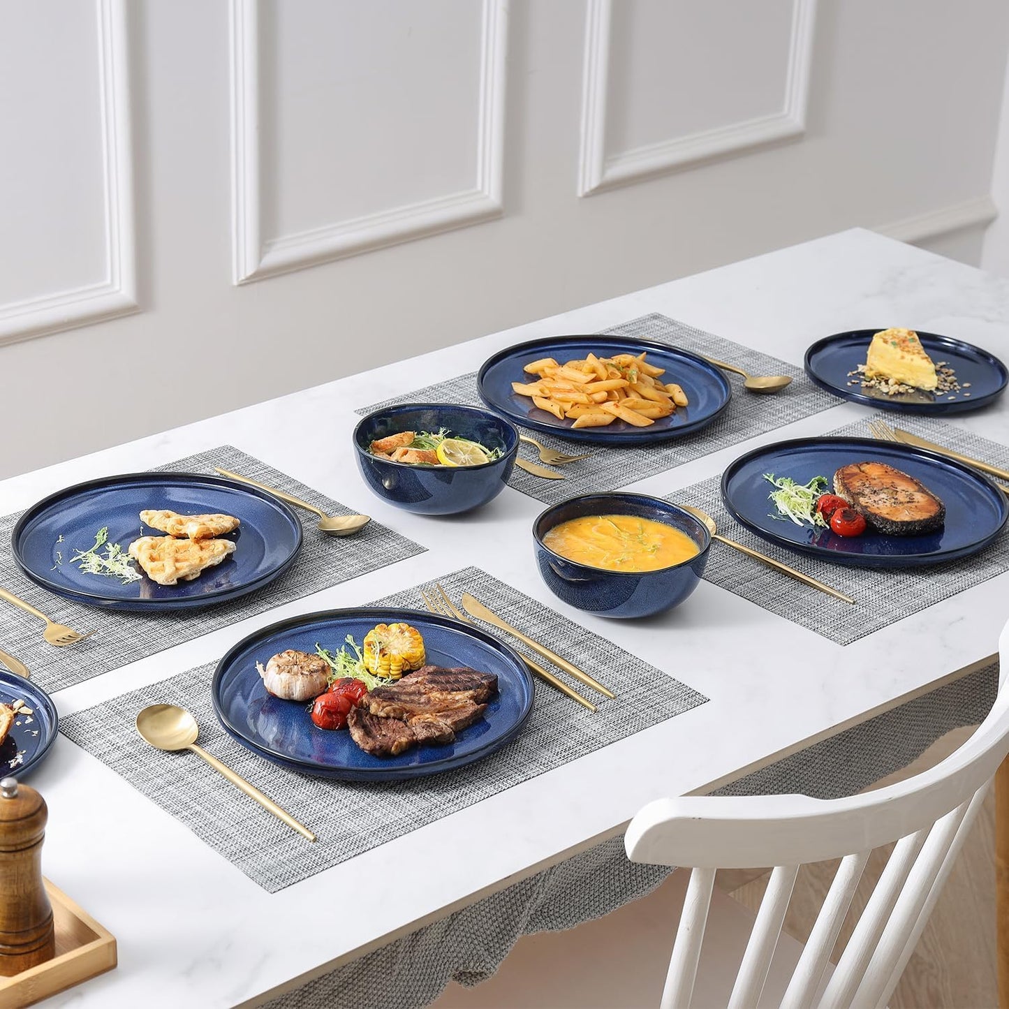 Vicrays Ceramic 12 Pieces Dinnerware Set - Dinner Plates Salad Plates Cereal Bowls Set Service for 4 - Scratch Resistant Microwave Oven Dishwasher Safe - Blue