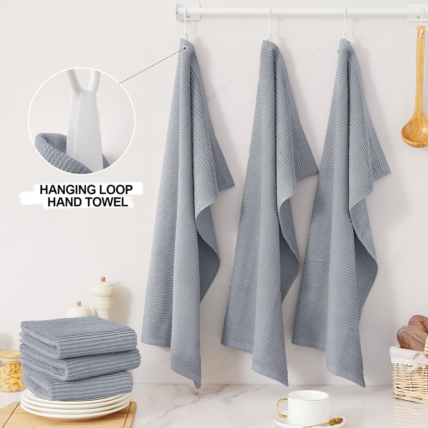 Homaxy Premium Kitchen Towels (18"x 28", 12 Pack), Large 100% Cotton Kitchen Hand Towels, Ultra Absorbent Ribbed Terry Tea Towels Set with Hanging Loop, Grey