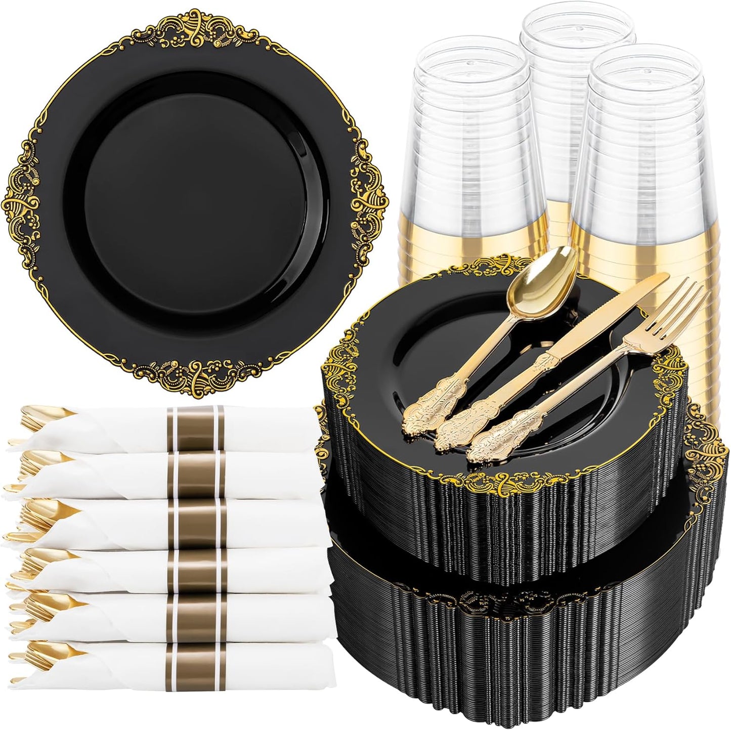 Hioasis 350pcs Black and Gold Plastic Plates - Diposable Dinnerware Set Suitable for 50 Guests Include 10.25" Dinner & 7.5" Dessert Plates, Pre Rolled Silverware Set, Cups for Party & Halloween