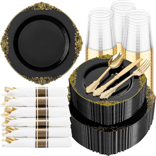 Hioasis 350pcs Black and Gold Plastic Plates - Diposable Dinnerware Set Suitable for 50 Guests Include 10.25" Dinner & 7.5" Dessert Plates, Pre Rolled Silverware Set, Cups for Party & Halloween