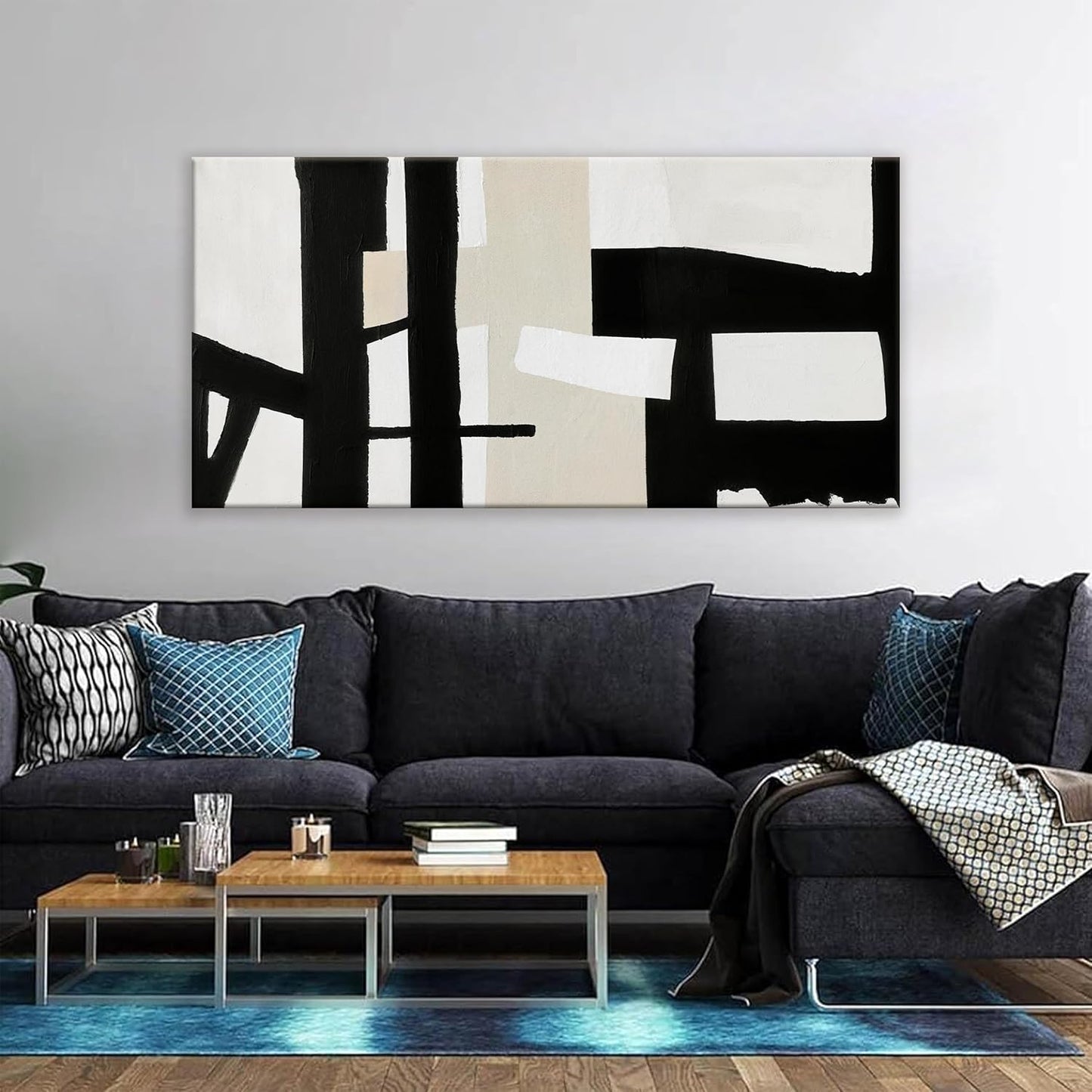 QSQ Canvas Art Wall Decor Black White Abstract Wall Art For Living Room Modern Canvas Prints Pictures Black And Grey White Wall Art For Bedroom Hotel Home Wall Decor 24 x 48 Inch