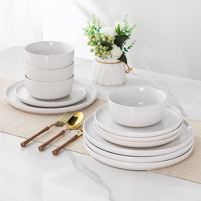 AmorArc Dinnerware Sets for 4, 12 Pieces Ceramic Plates and Bowls Set, Handcrafted Stoneware Plates Sets, Dishwasher & Microwave Safe Dishes
