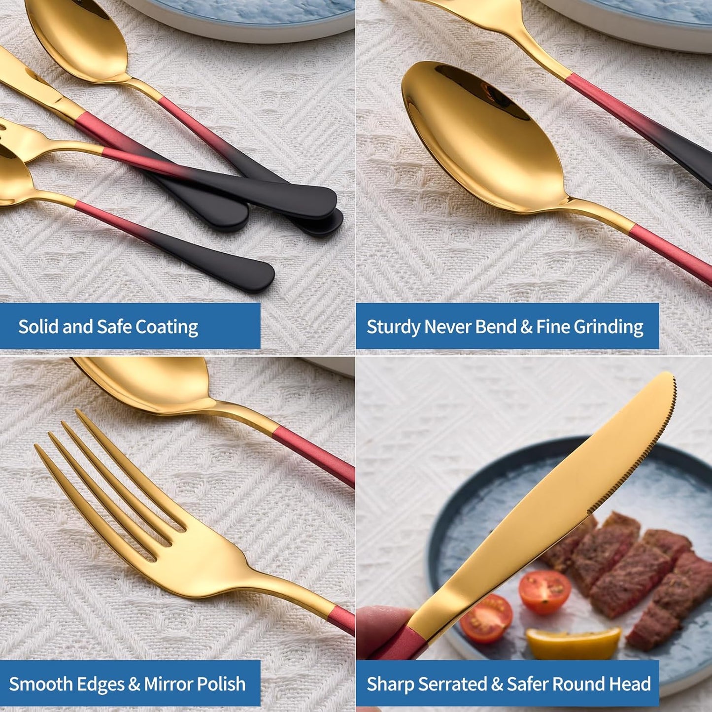 20-Piece Black Red Gold Silverware Set, 18/0 Stainless Steel Colorful Handle Flatware Set,Service for 4,Modern Cutlery Set Includes Dinner Knives Forks Spoons,Mirror Polished,Dishwasher Safe