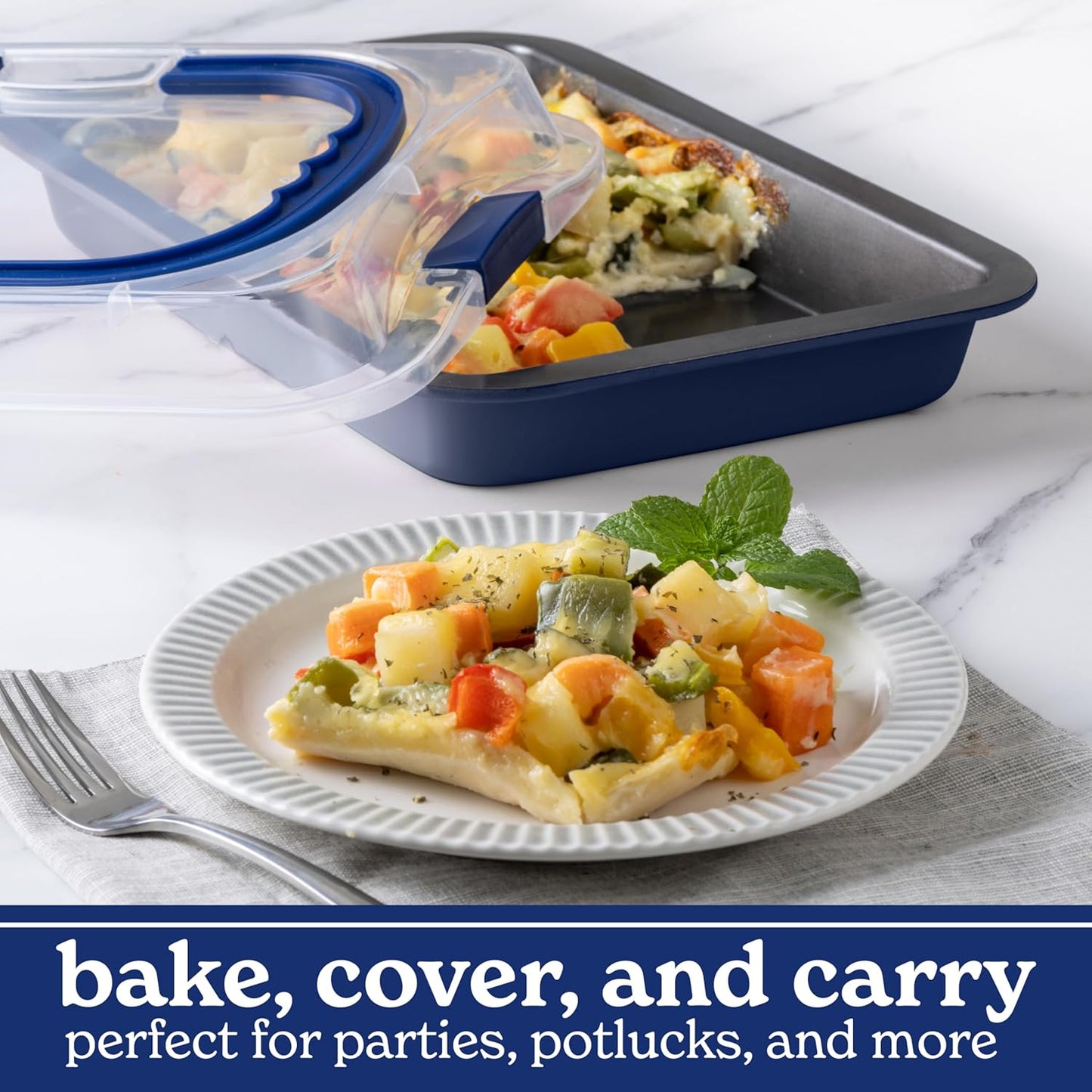 Country Kitchen Baking Pans Set - 10 Piece Non-Stick Cake Pans with Carry Lids for Easy Storage & Travel, Perfect for Parties - Stackable, Navy